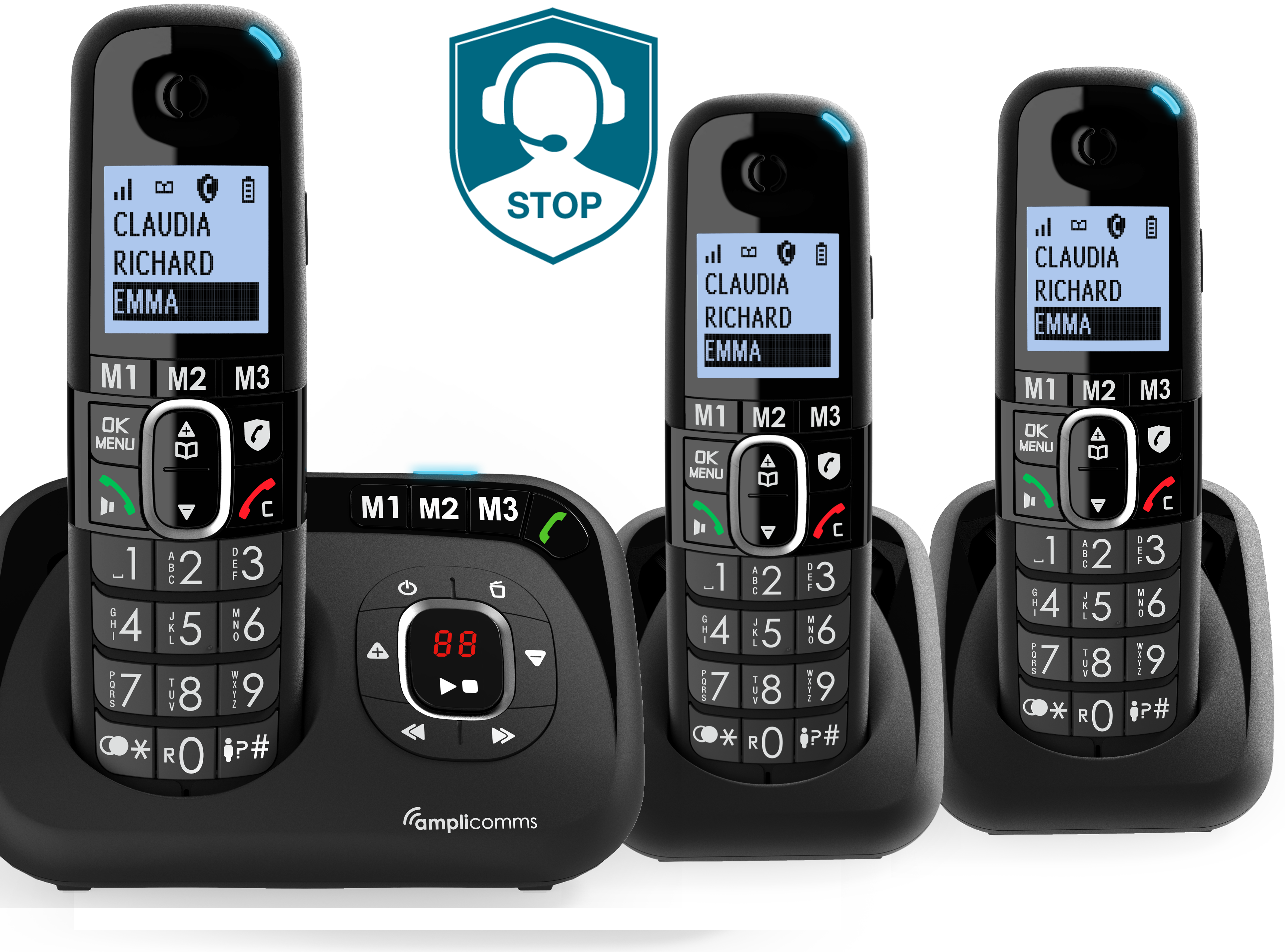 Een zwart draadloos telefoonsysteem met drie handsets en een oplaadbasis.