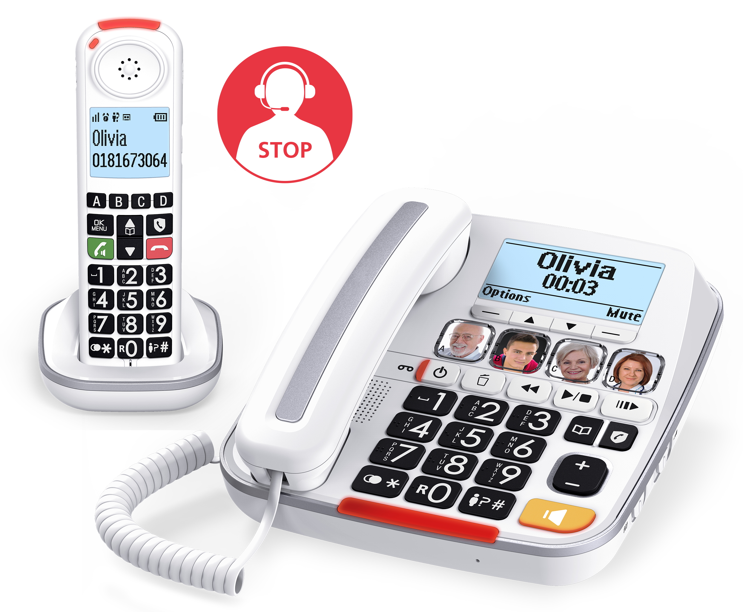 Een witte telefoon met grote knoppen en een aparte basis. Een rood stopbordje is zichtbaar.