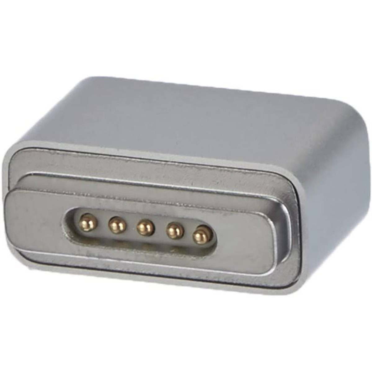 Adaptateur magnétique argenté avec cinq broches dorées.