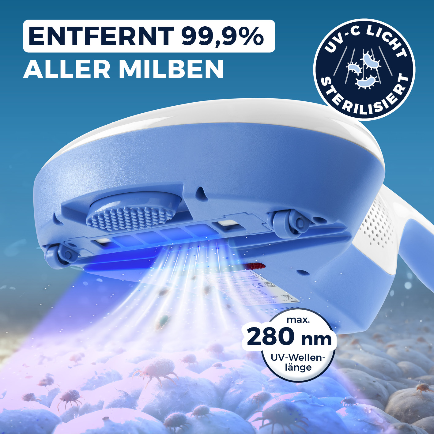 Ein blau-weißes Gerät, das blaues Licht aussendet, mit Text über UV-Licht.