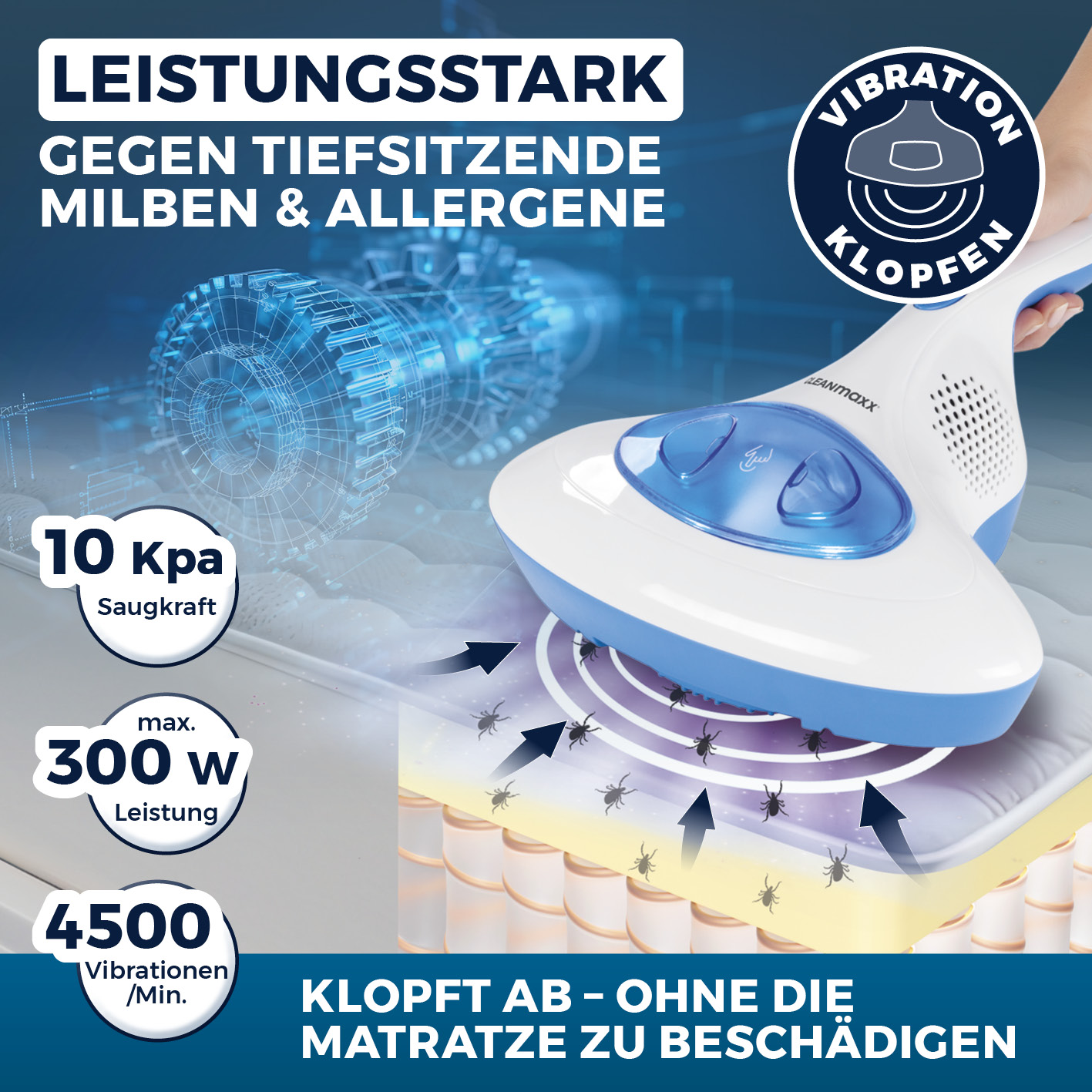 Bild eines Matratzenreinigers mit deutschem Text.