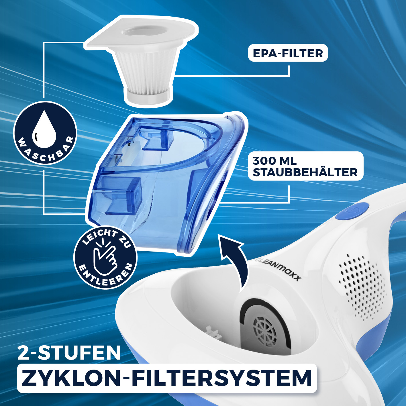 Diagramm eines Handstaubsaugers mit Etiketten, die auf Teile wie Filter und Staubbehälter zeigen.