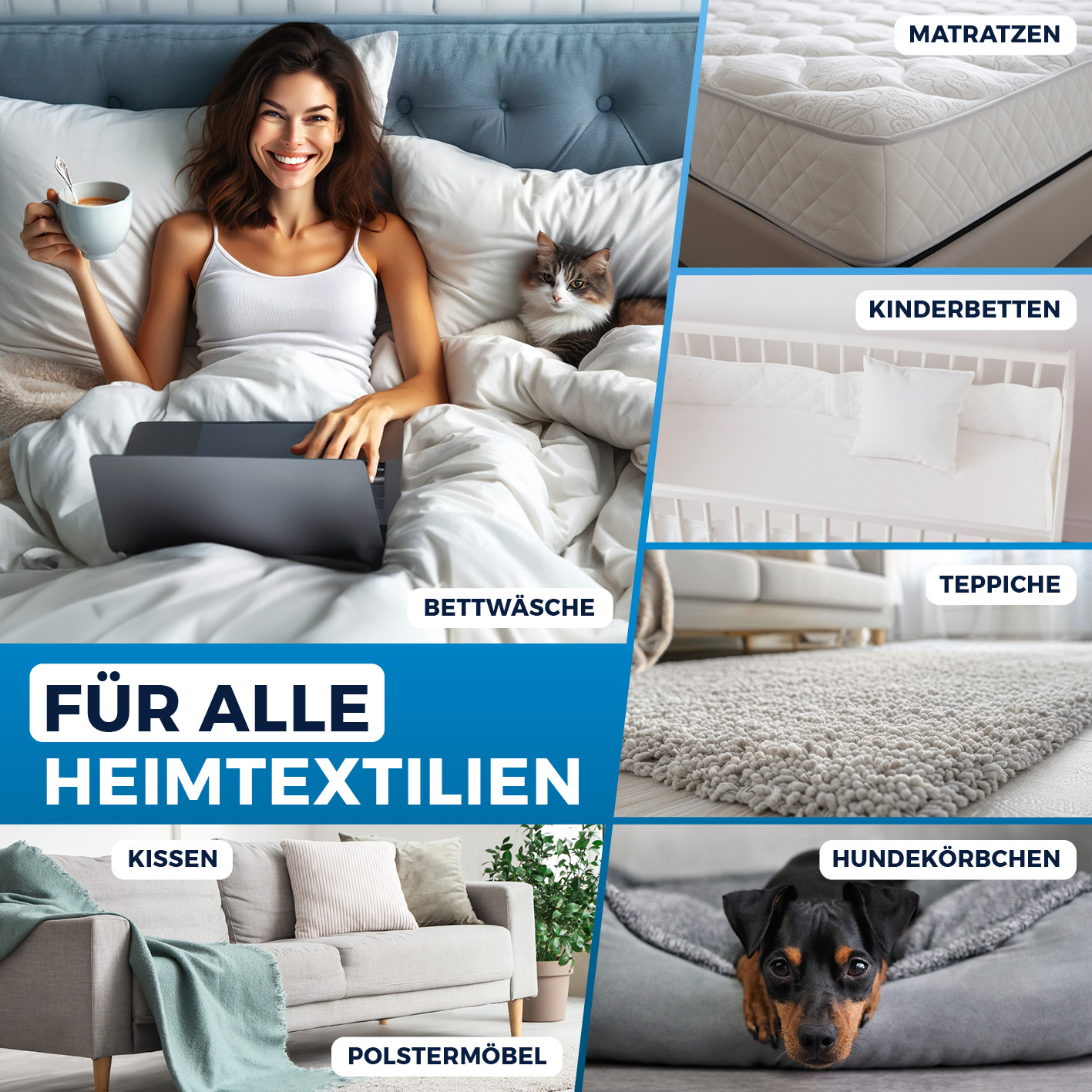 Kobieta w łóżku z laptopem, kotem, tekst o tekstyliach domowych: materace, pościel itp.