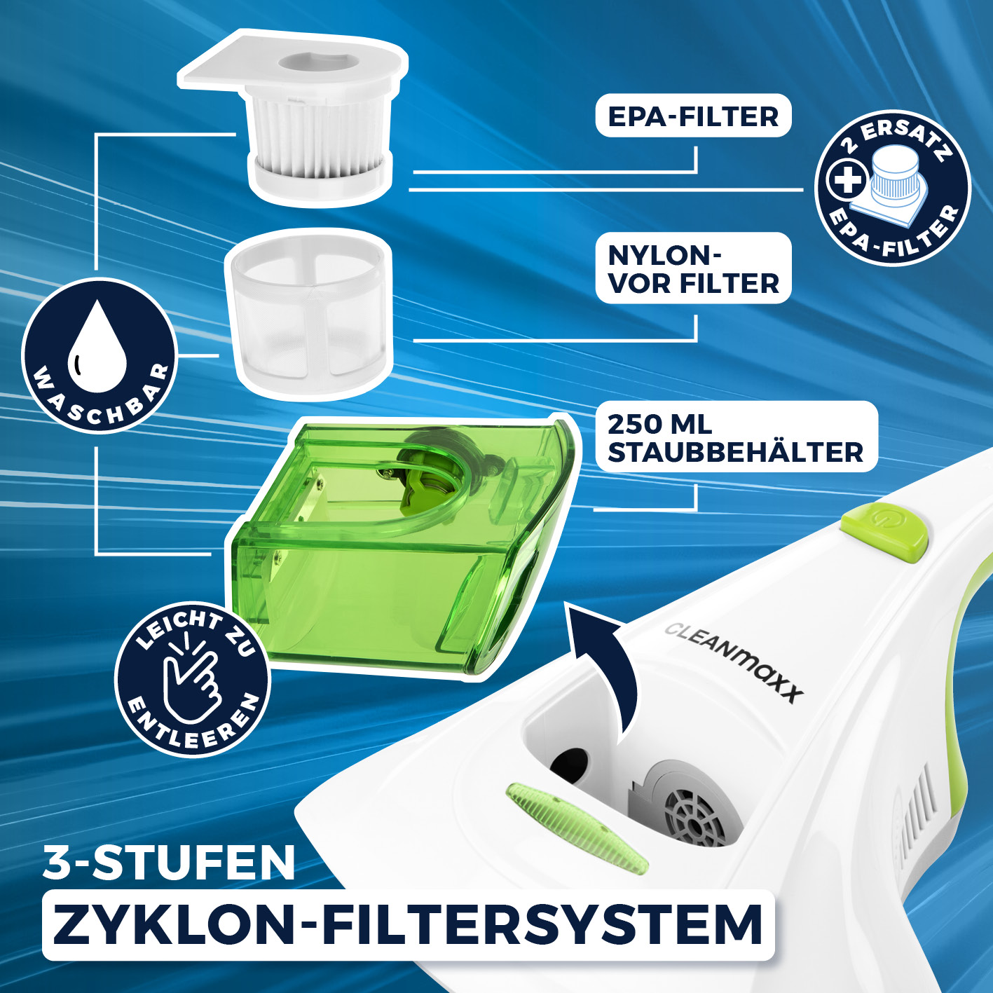 Zbliżenie na części odkurzacza, w tym filtry i zielony pojemnik.