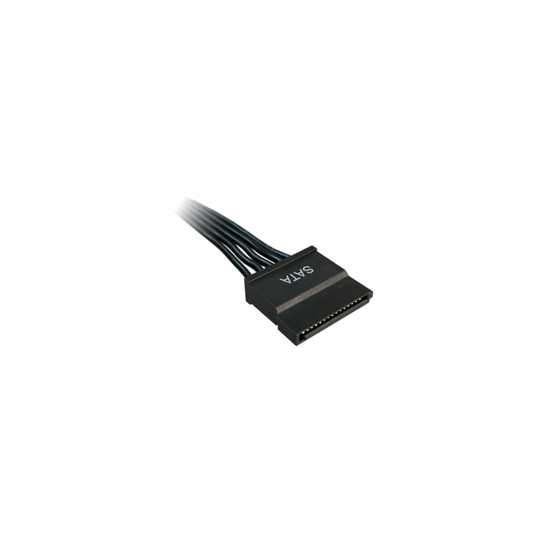 SATA-kabel, zwarte connector met meerdere draden. 'SATA' staat op de connector.