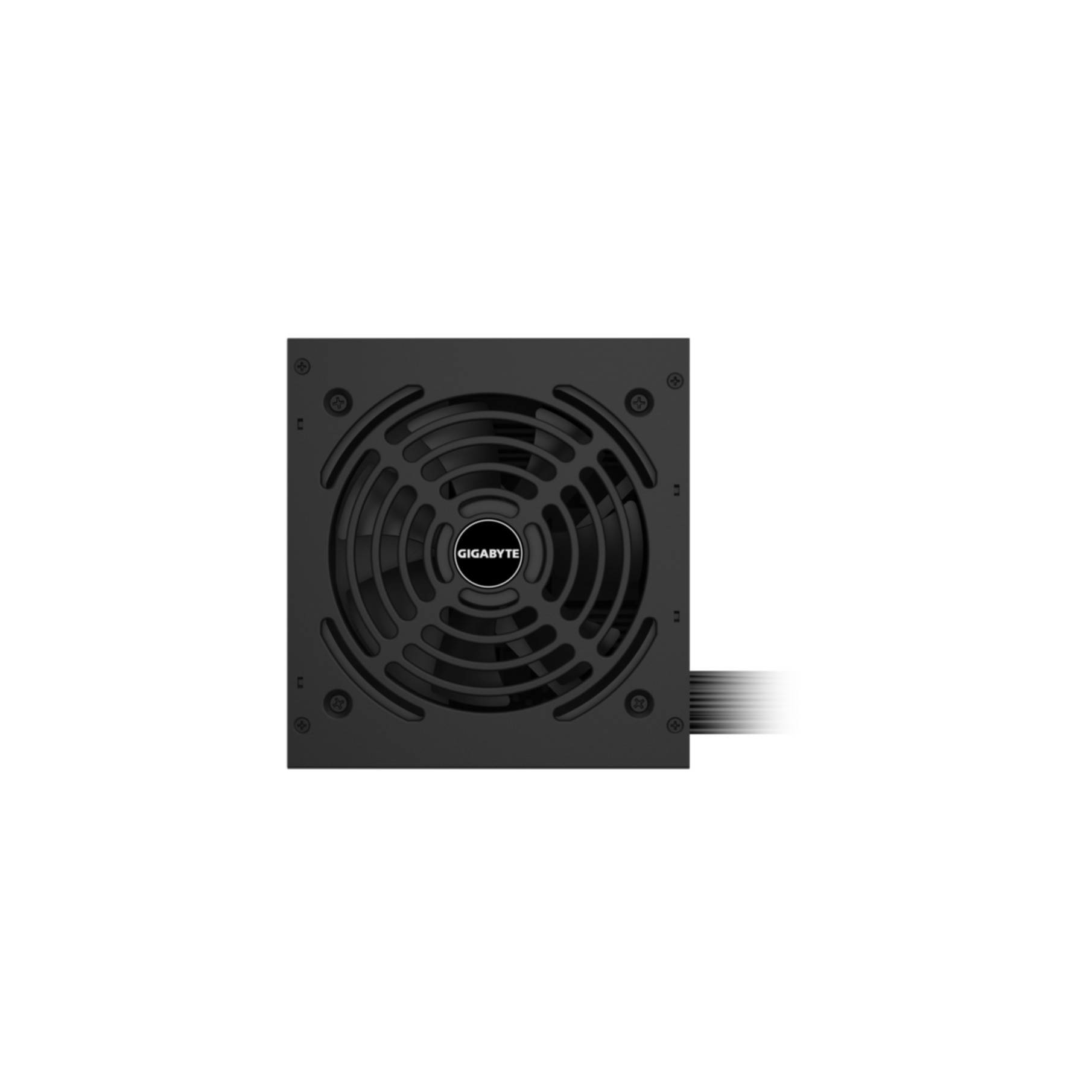 Schwarzes Computer-Netzteil, Draufsicht. Lüfter innen, mit Gigabyte-Logo. Weißer HG.