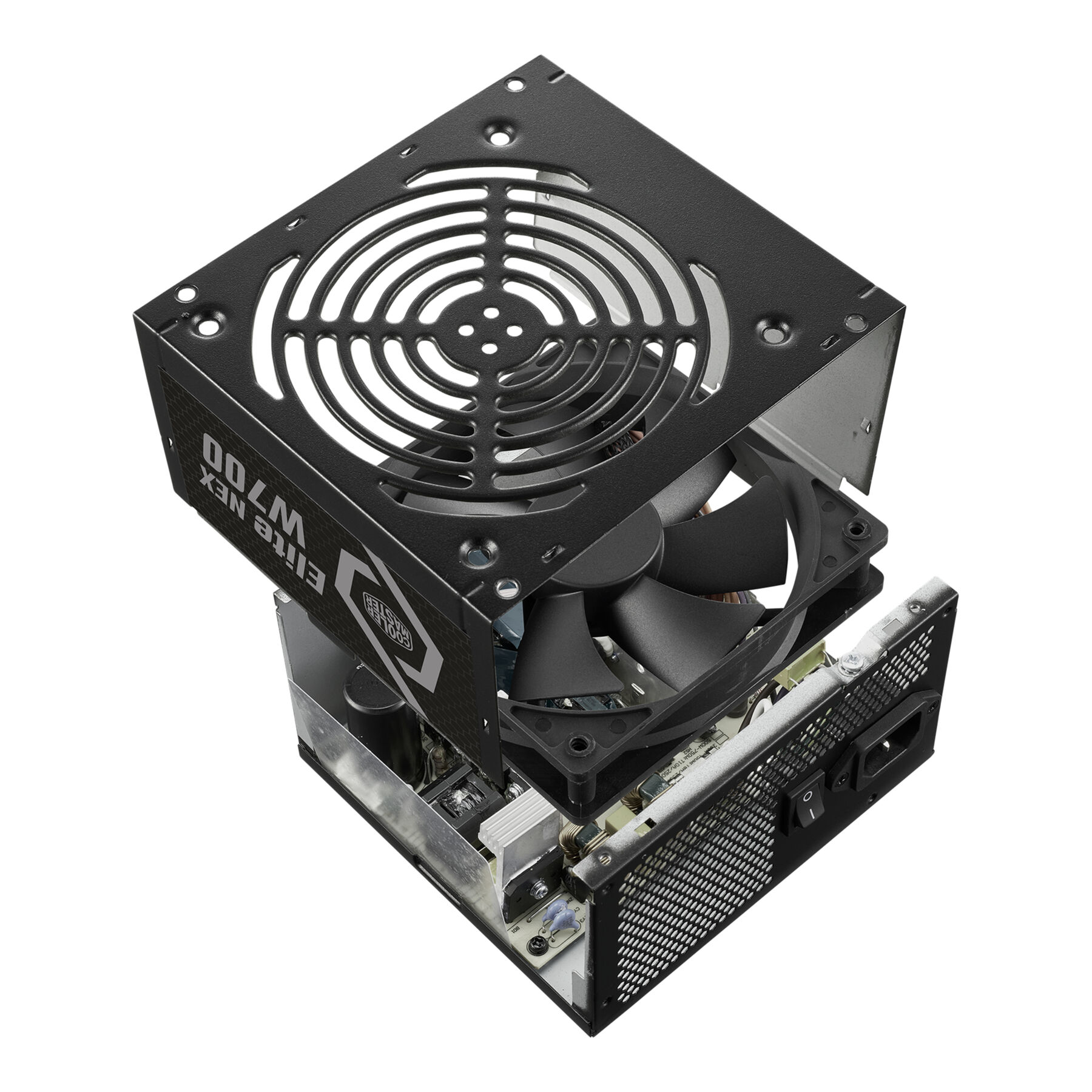 Power supply unit, black casing with a fan and open top components with text.