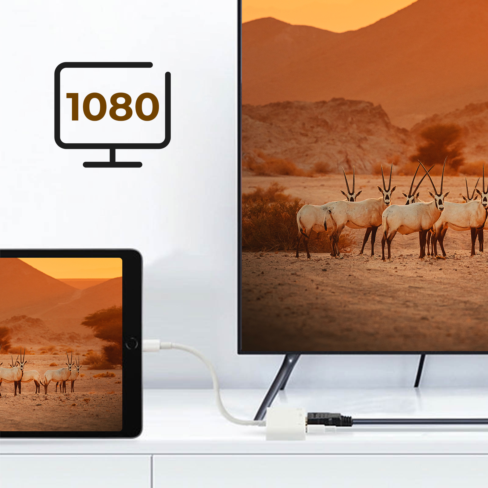 Bildschirm zeigt Wüstenlandschaft mit Oryx, verbunden mit Tablet und TV.