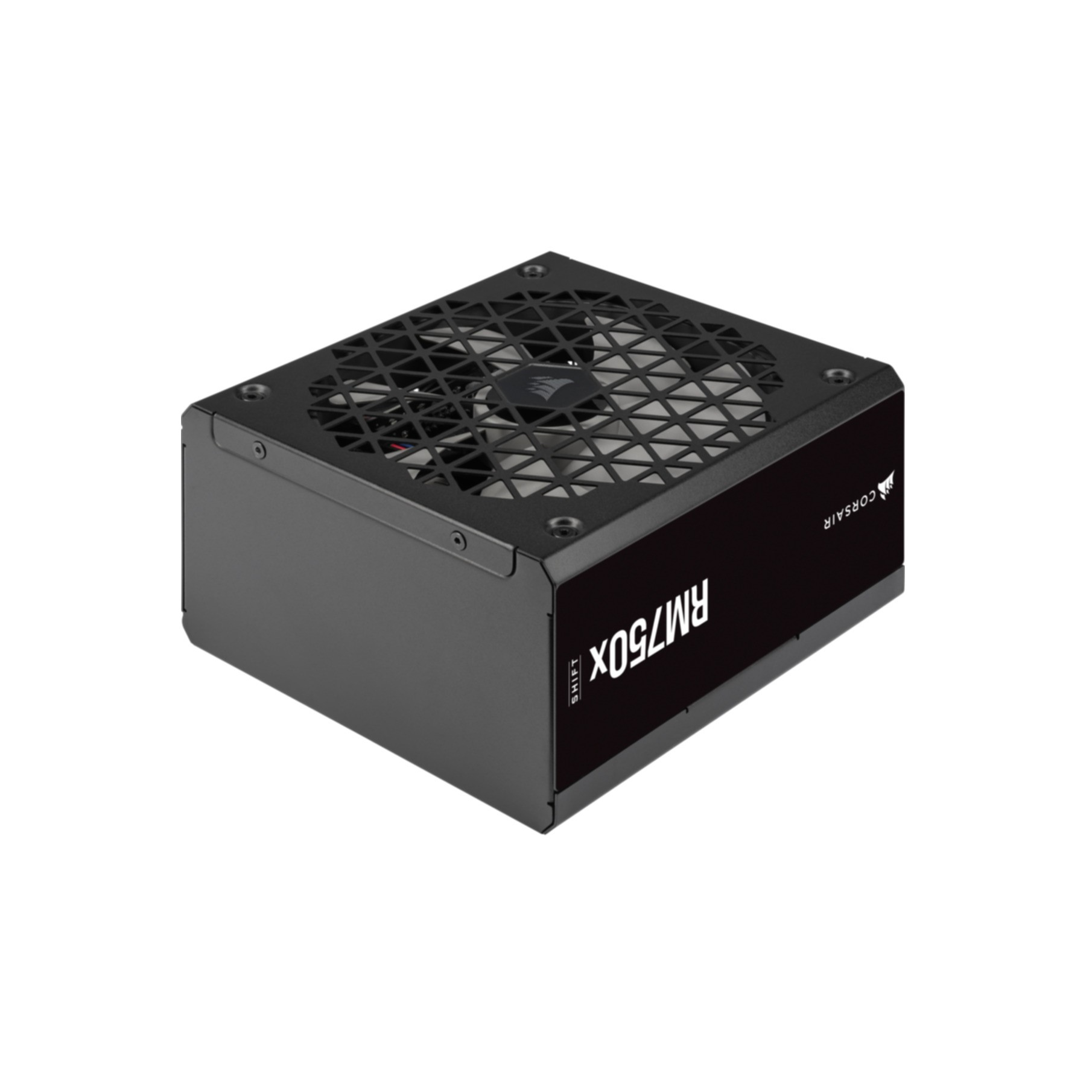 Czarny zasilacz z siatkowym wierzchem, napisem 'RM750X' i logo Corsair.