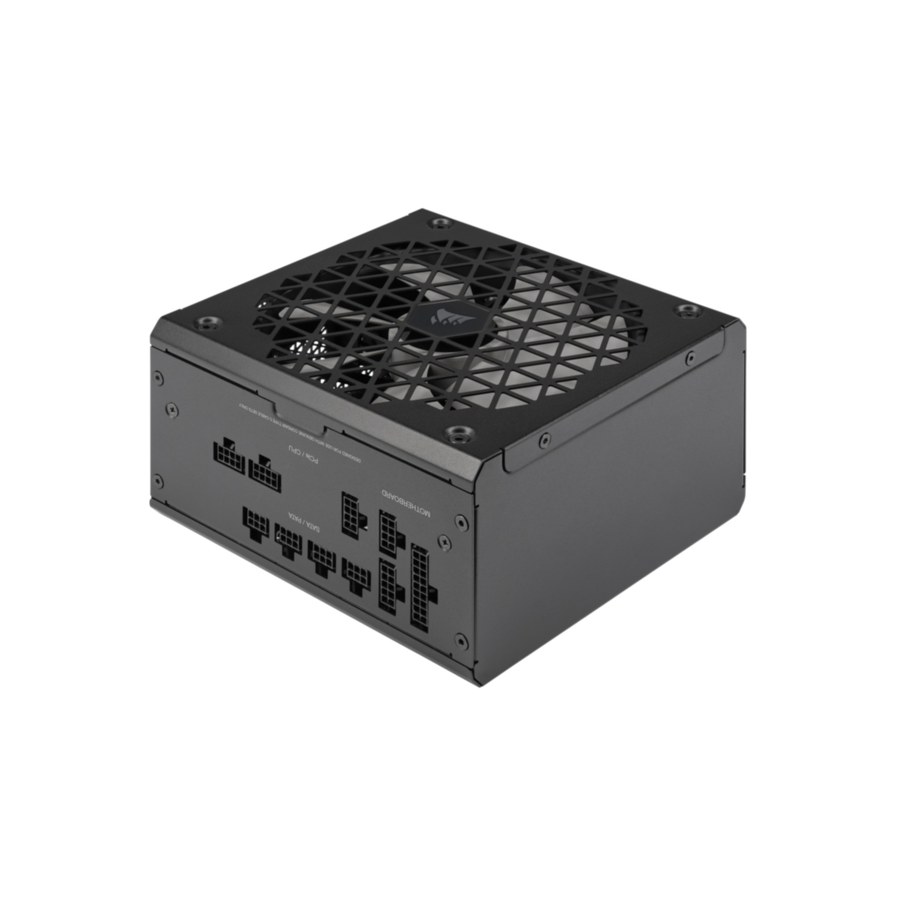 Czarny zasilacz komputera z kratką wentylatora i portami po bokach.