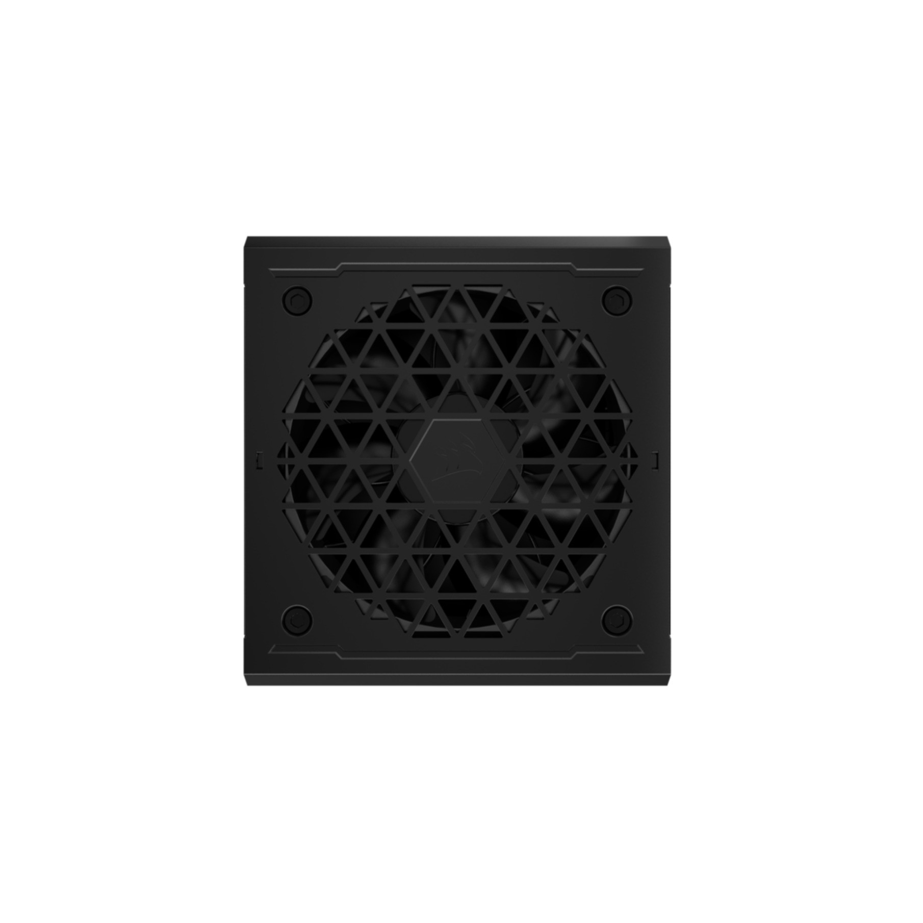 Una ventola per computer nera con un motivo geometrico. La ventola è quadrata e ha un design a griglia.