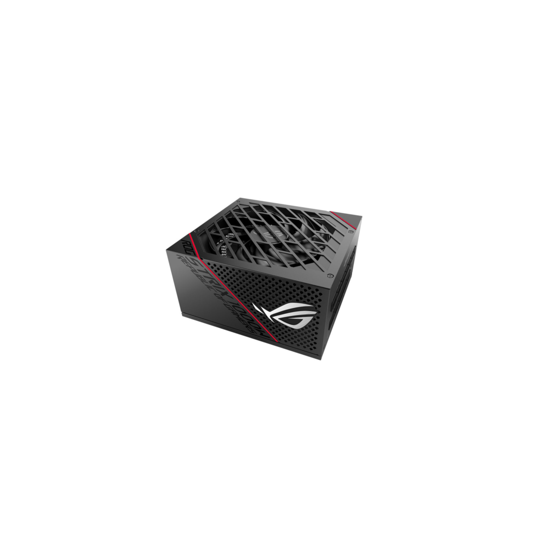 Alimentatore nero per computer, logo ROG. Forma quadrata con ventola visibile. Accenti rossi, sfondo bianco.