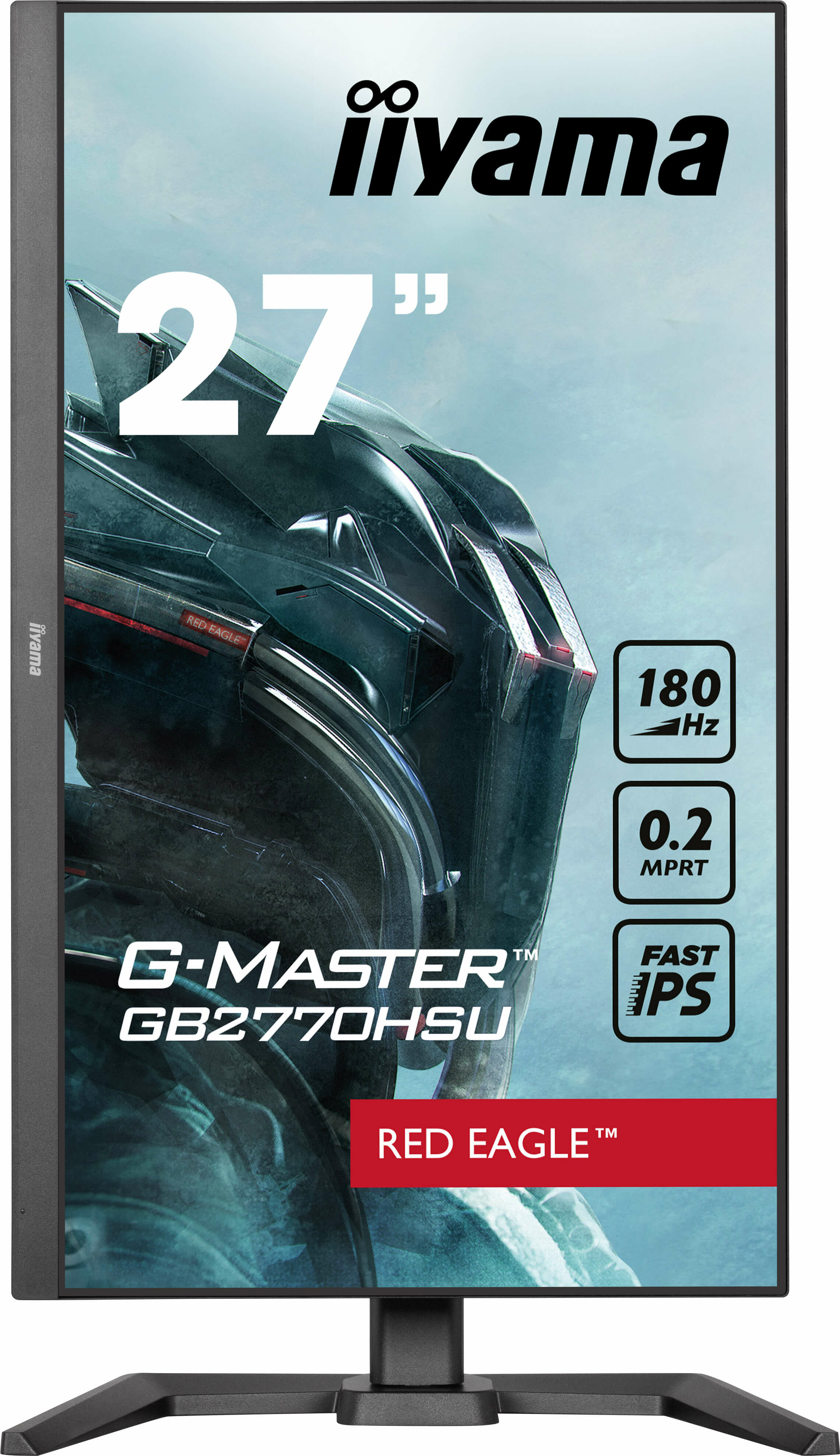 Un moniteur noir et gris avec une scène de jeu affichée, et une marque sur fond blanc.