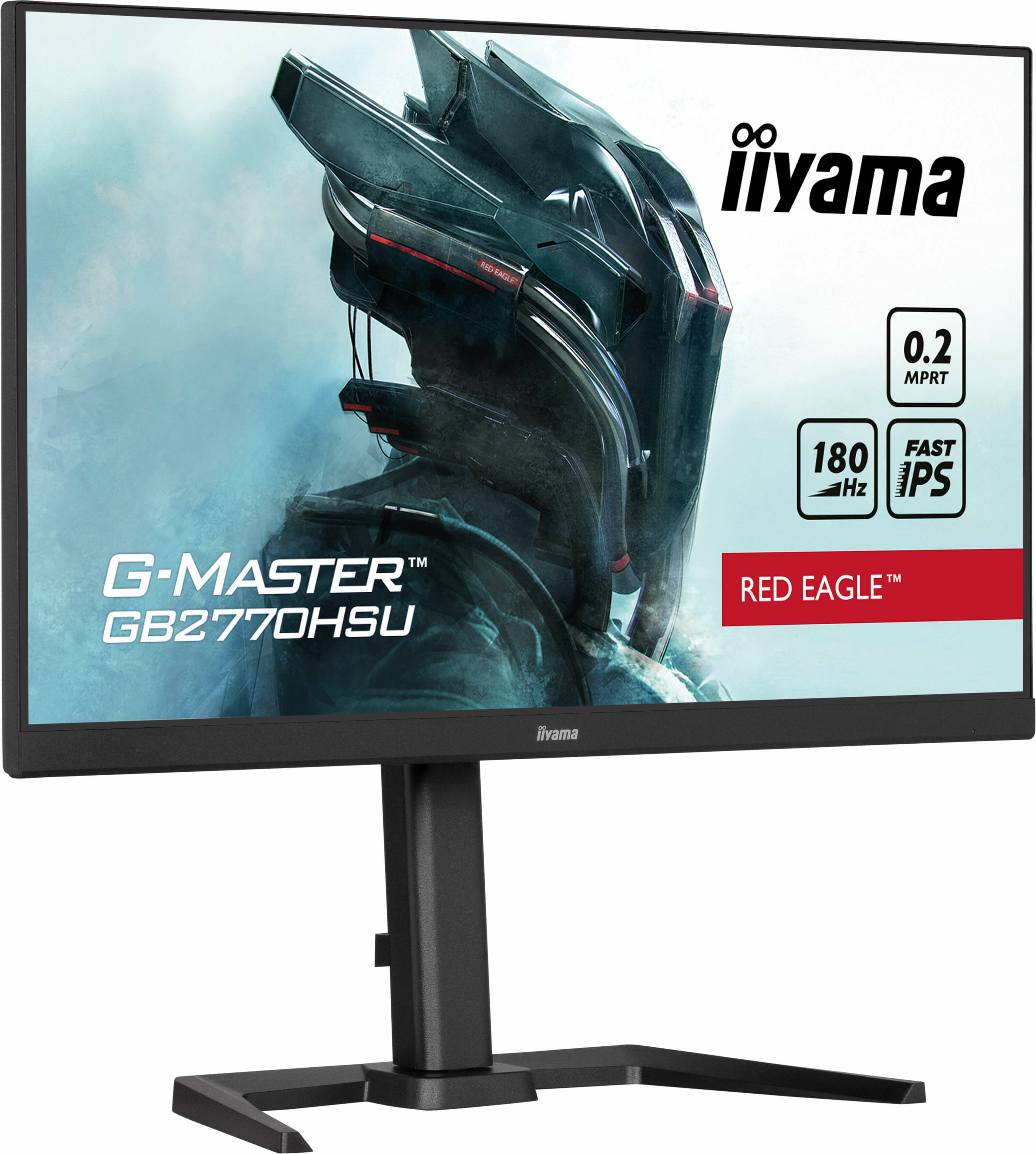 Un moniteur d'ordinateur noir avec un thème de jeu et un support réglable.