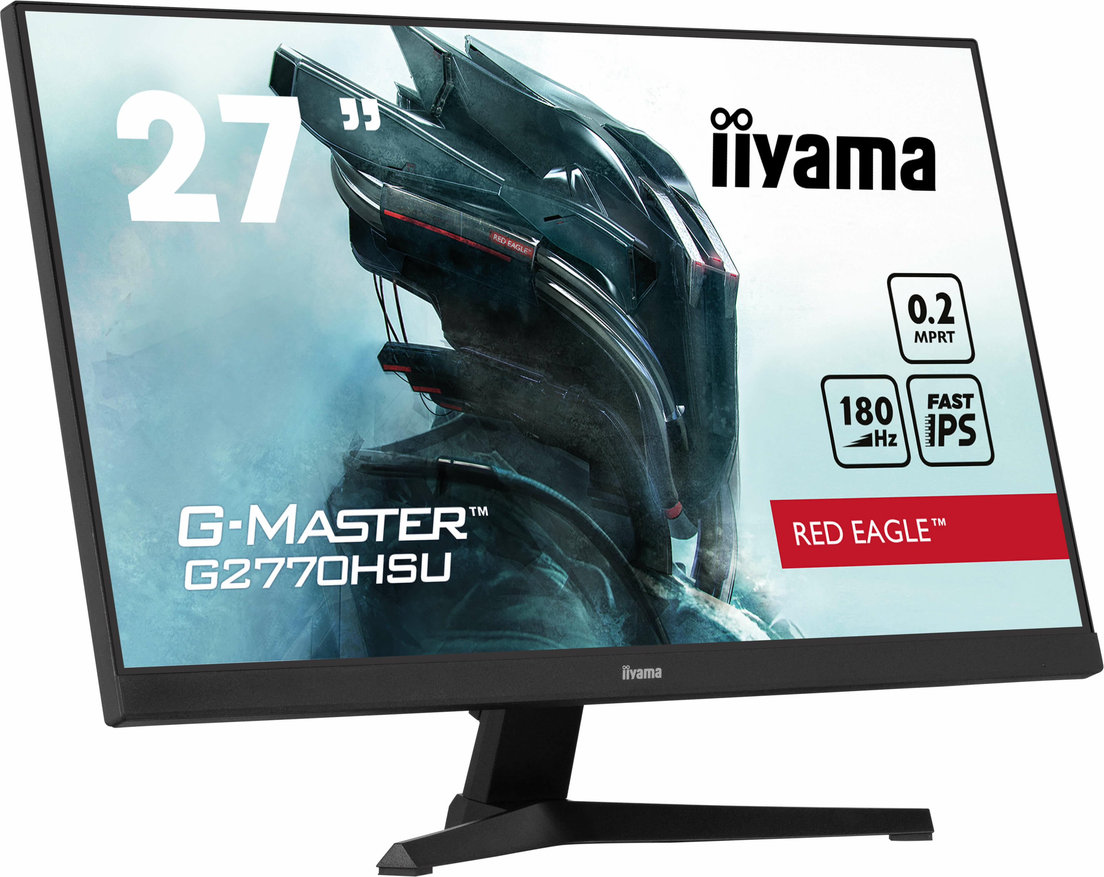 Monitor iiyama 27". Czarna ramka z czerwonymi akcentami. Wyświetla grafikę głowy robota.