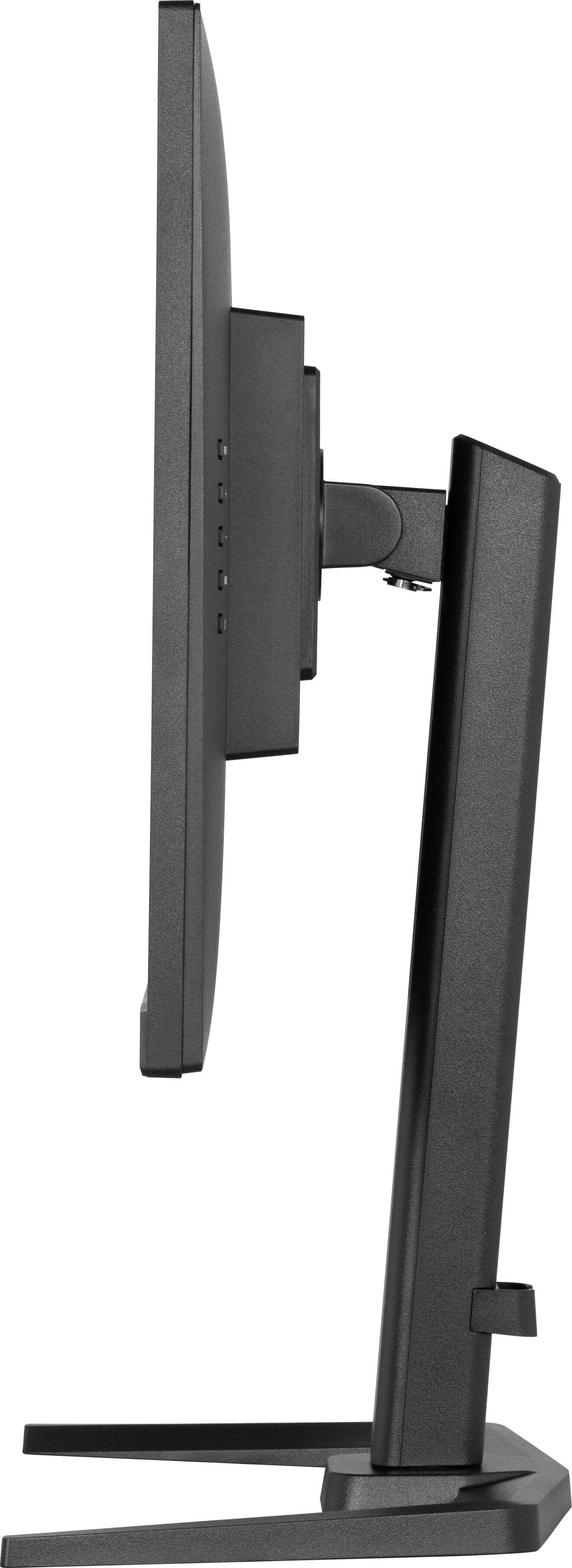 Vue latérale d'un moniteur d'ordinateur noir avec support. Fond gris.