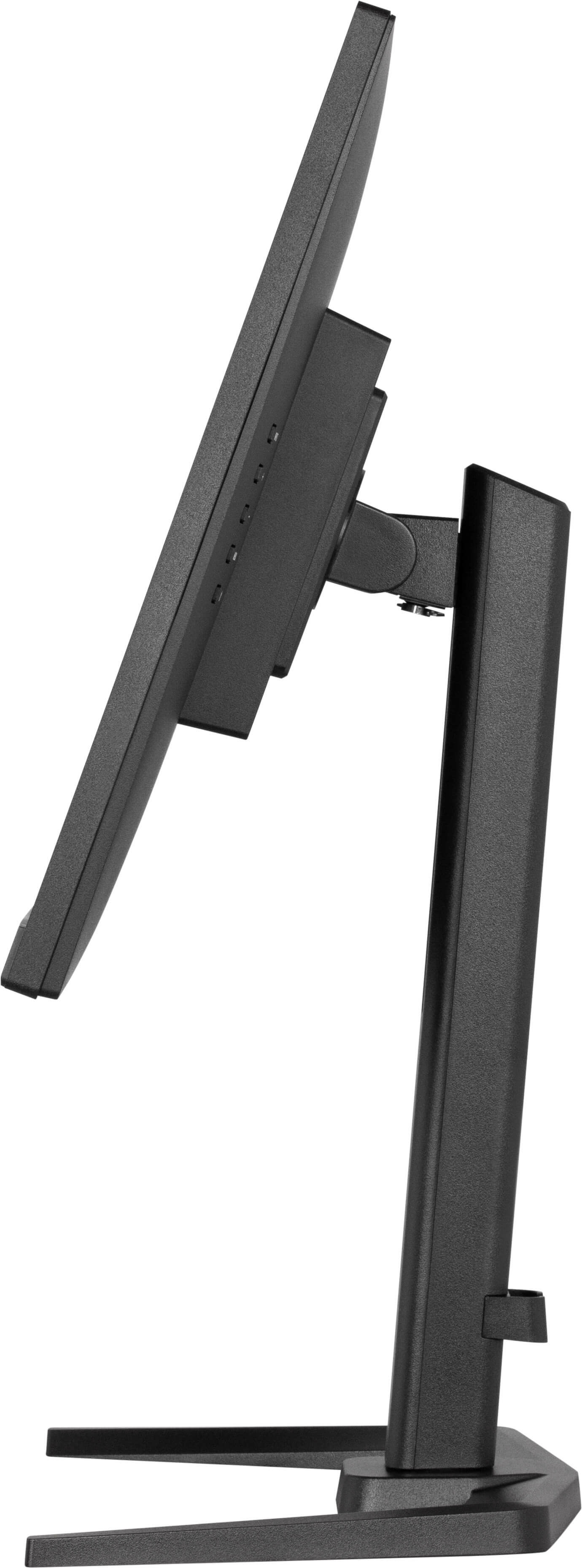 Vue latérale d'un moniteur d'ordinateur noir. Il repose sur un support noir. Fond blanc.