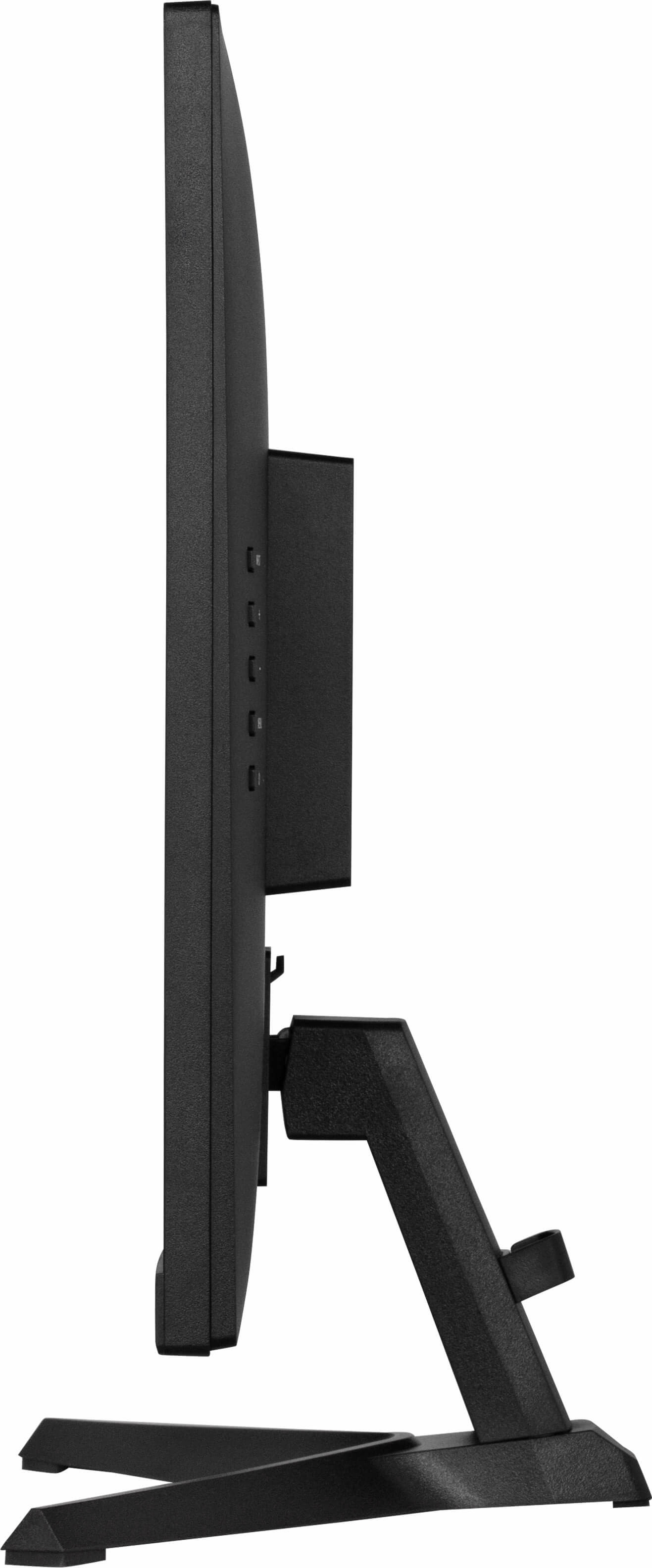 Widok z boku czarnego monitora komputera ze stojakiem. Białe tło.