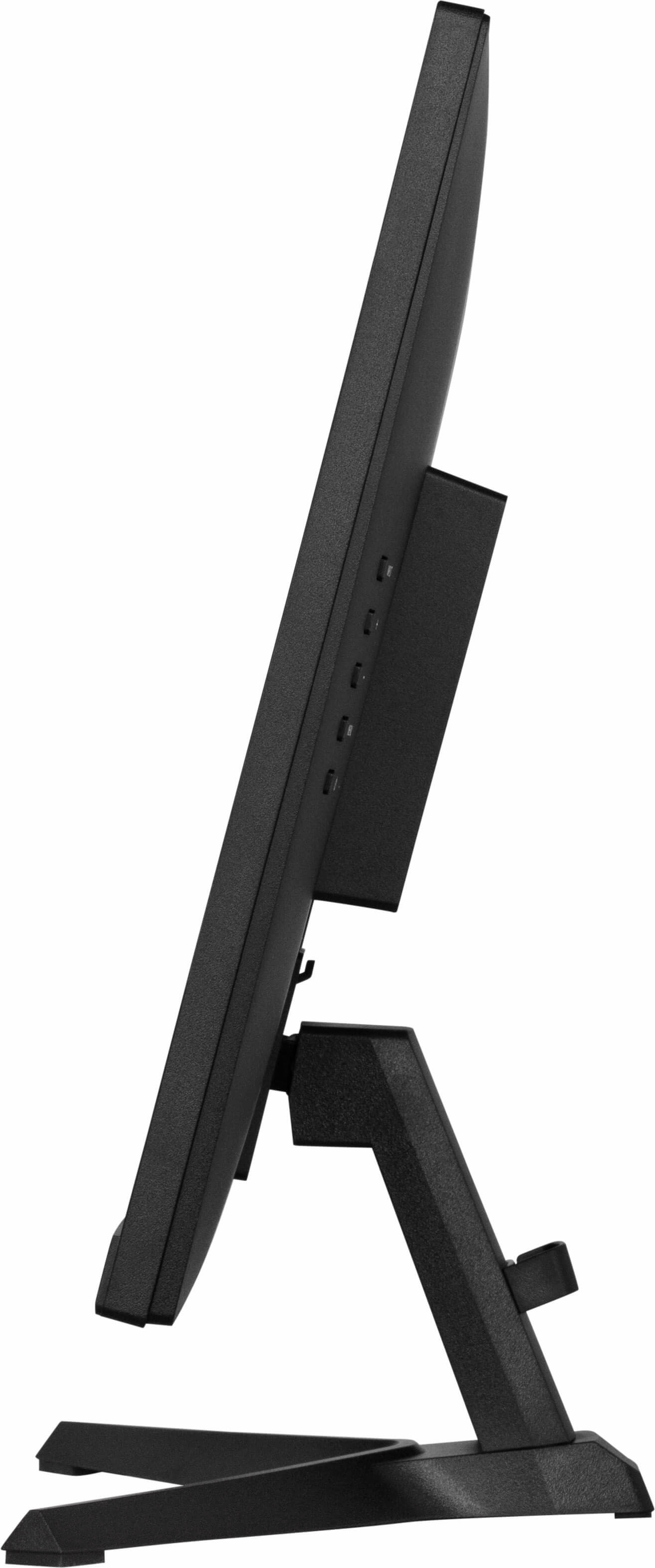 Czarny monitor komputerowy, widok z boku. Stojak z przyciskami. Białe tło.