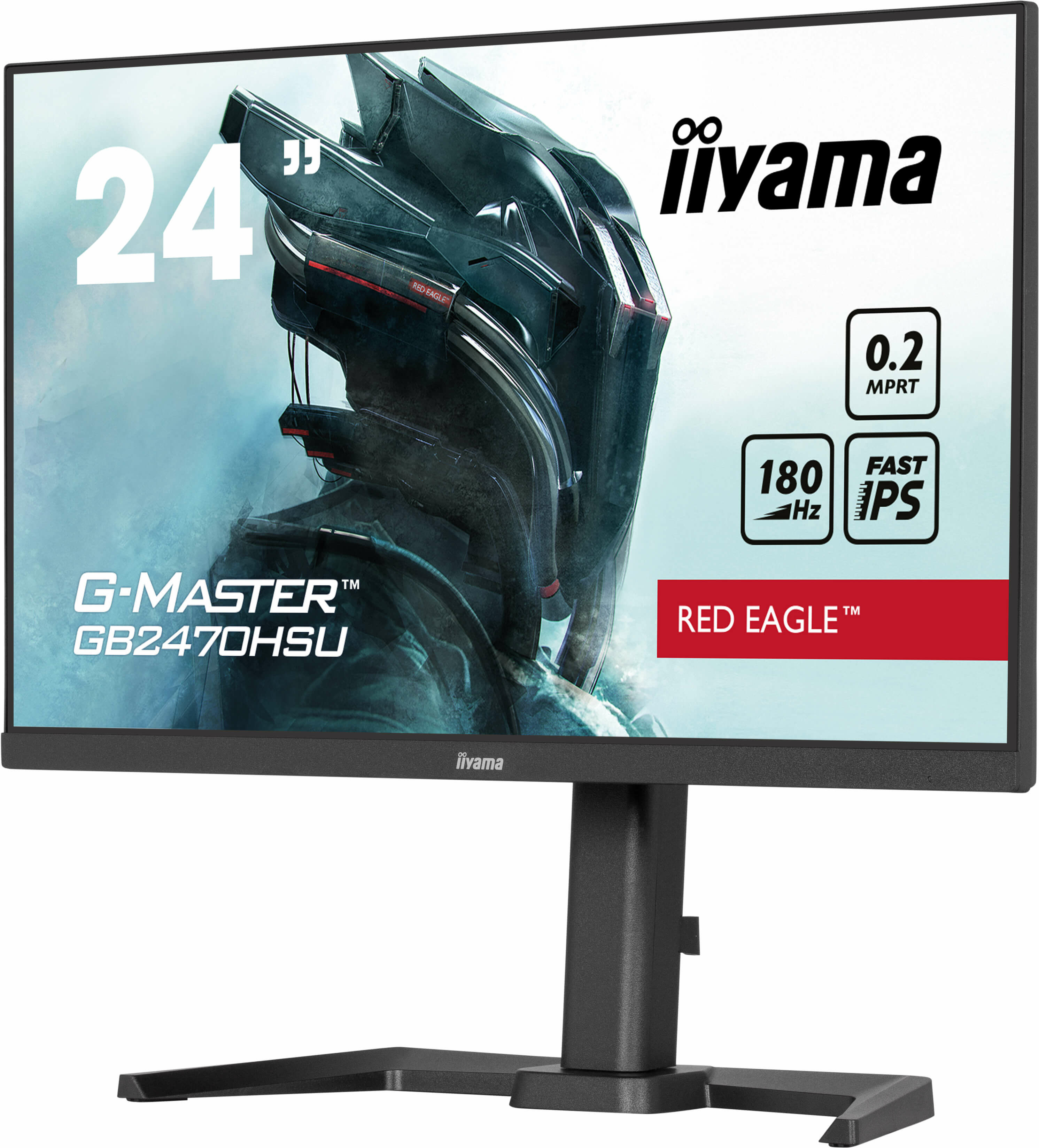 Czarny monitor Iiyama z gamingowym designem na ekranie, na czarnym stojaku.