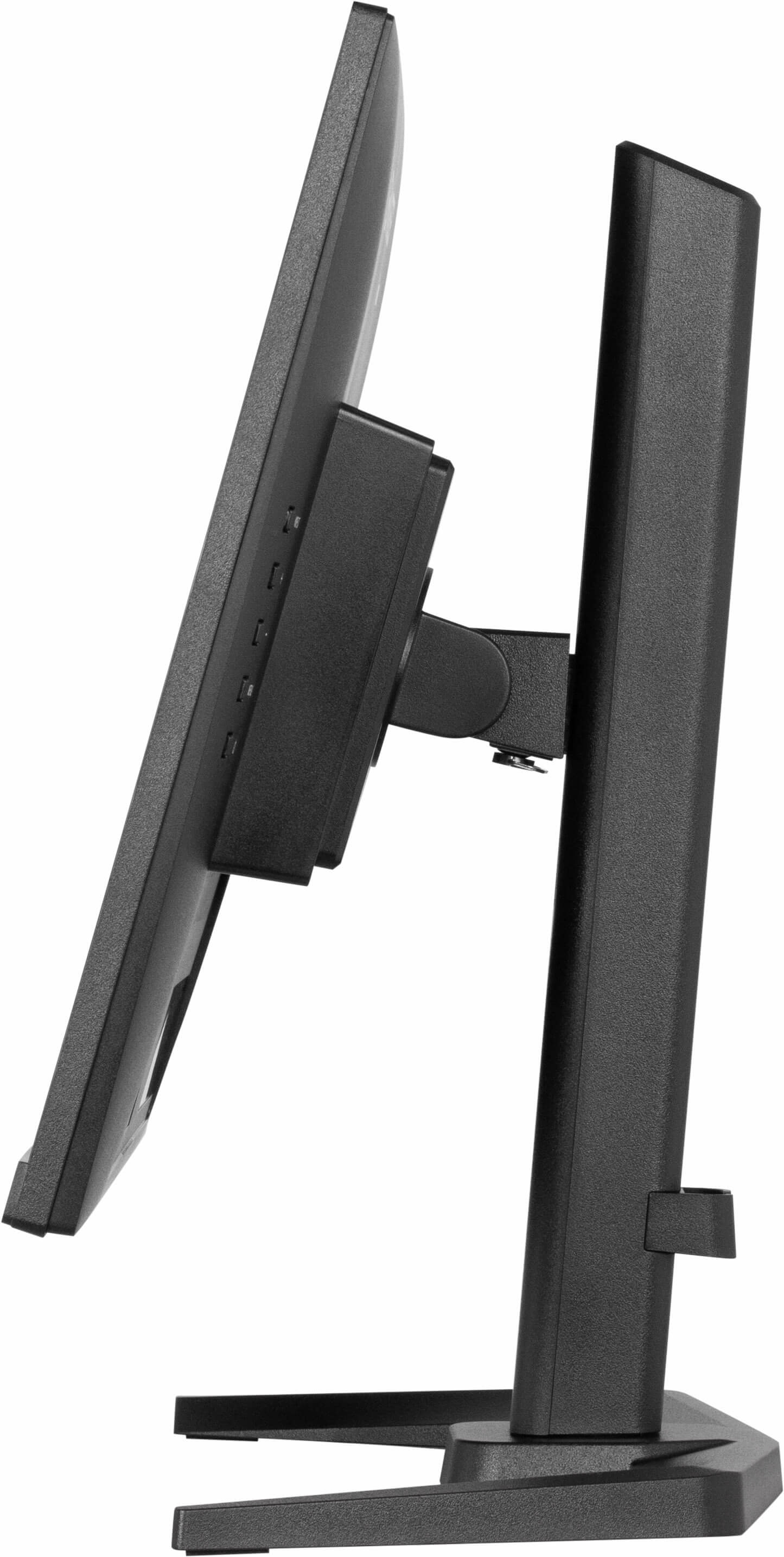 Czarny monitor komputera, widok z boku. Widoczny ekran i tylny panel.