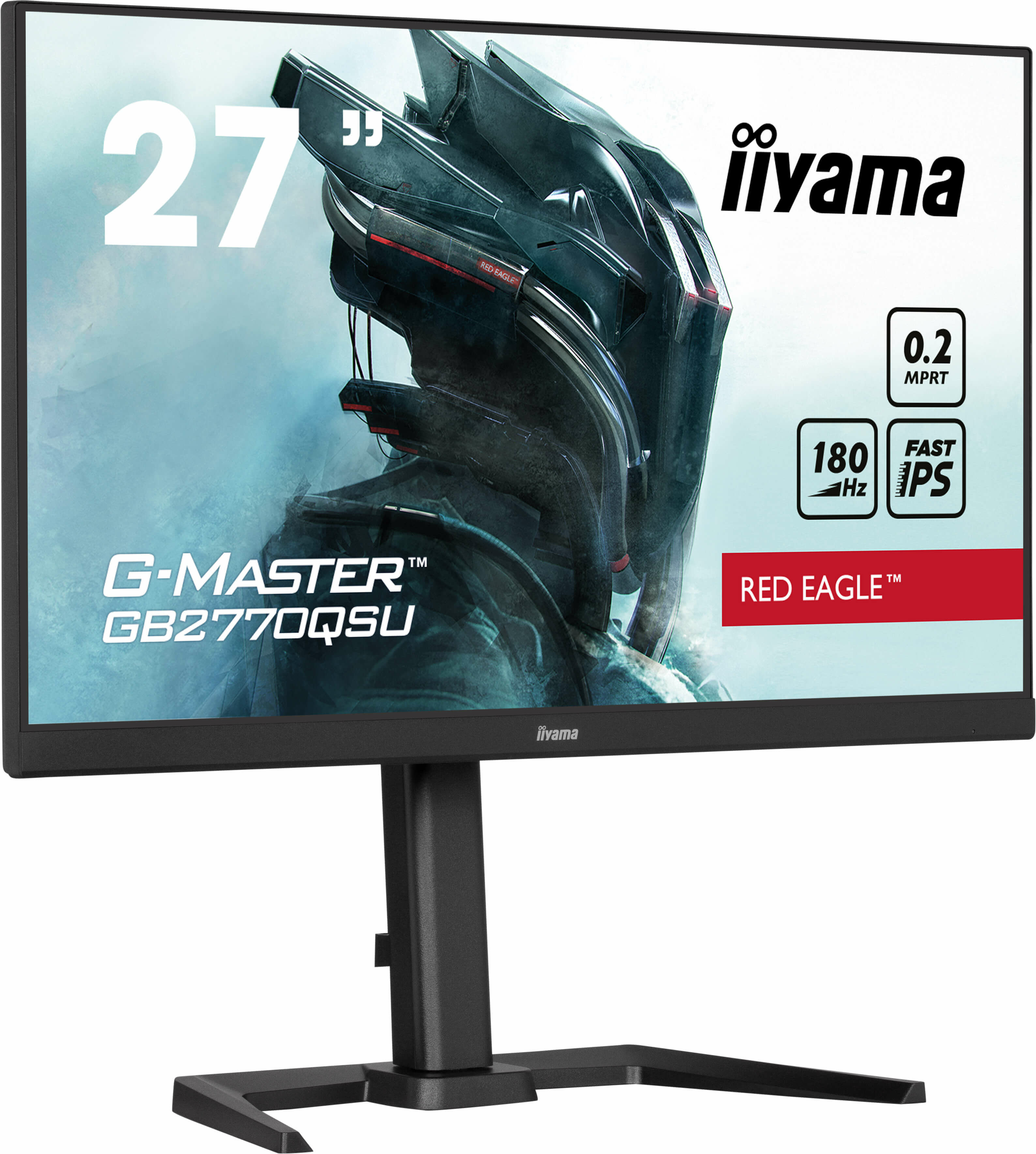 Un monitor iiyama de 27" muestra una imagen de jugador. Tiene un soporte negro y detalles rojos.
