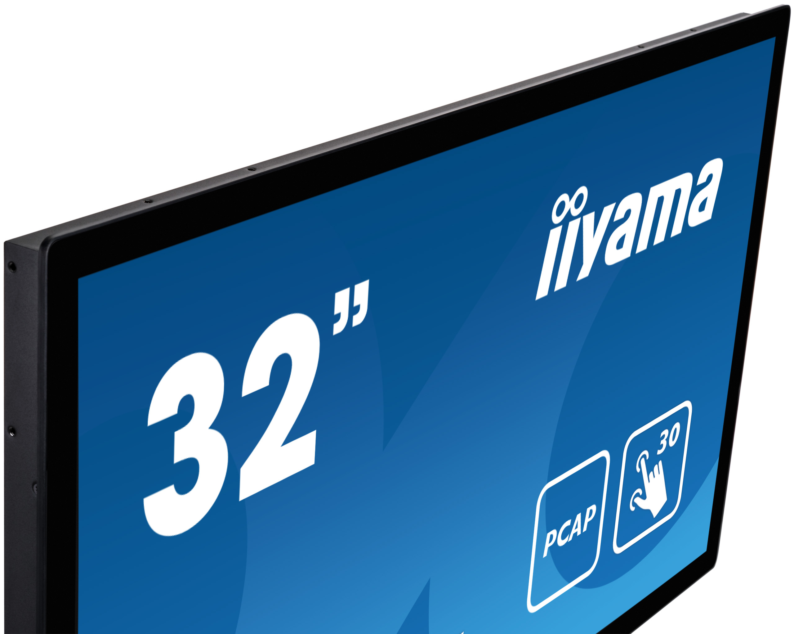 32-calowy monitor Iiyama PCAP. Ma czarną ramkę i niebieski ekran z tekstem.