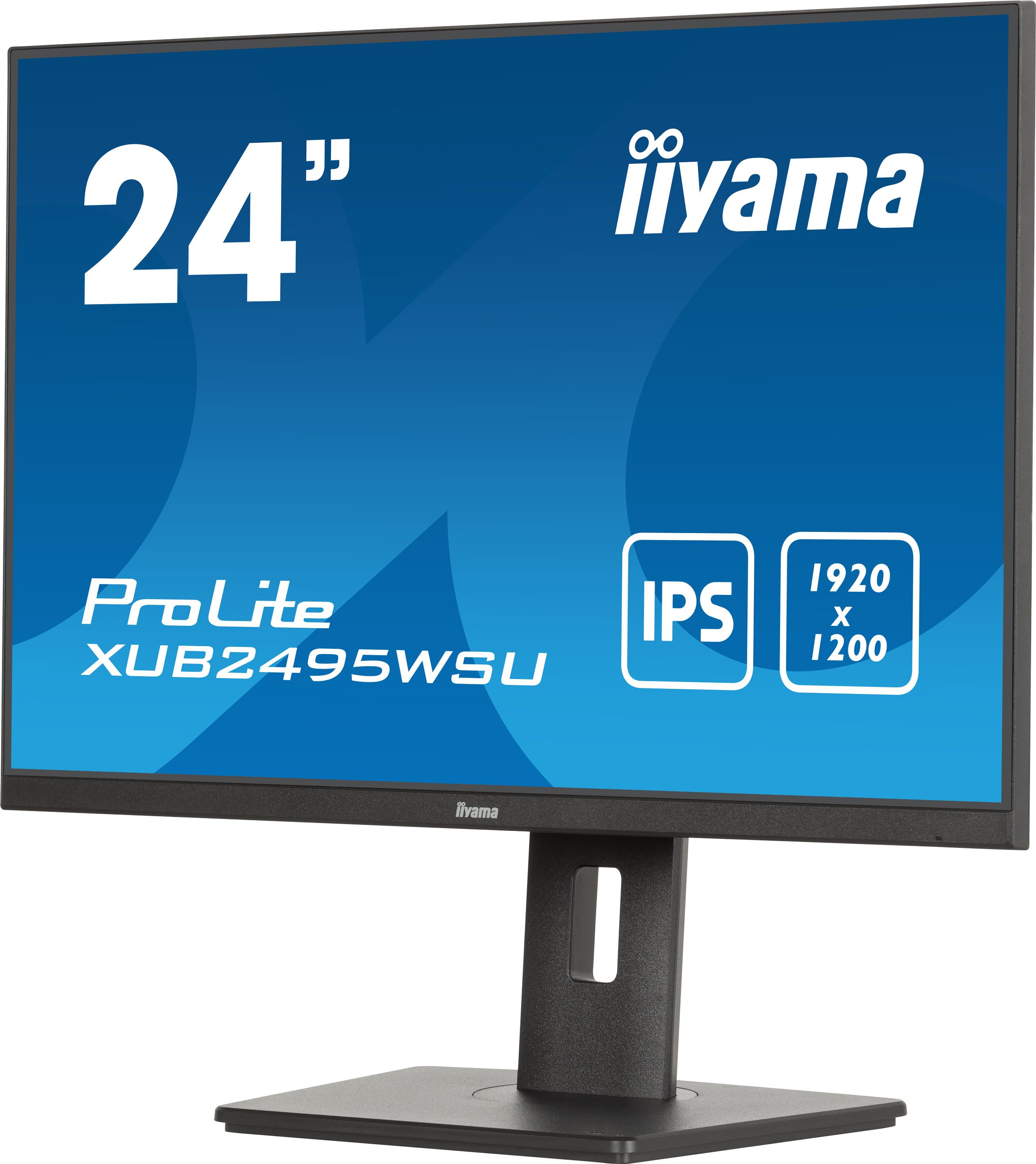 24-calowy monitor iiyama z niebieskim ekranem, czarną podstawą i białym tłem.