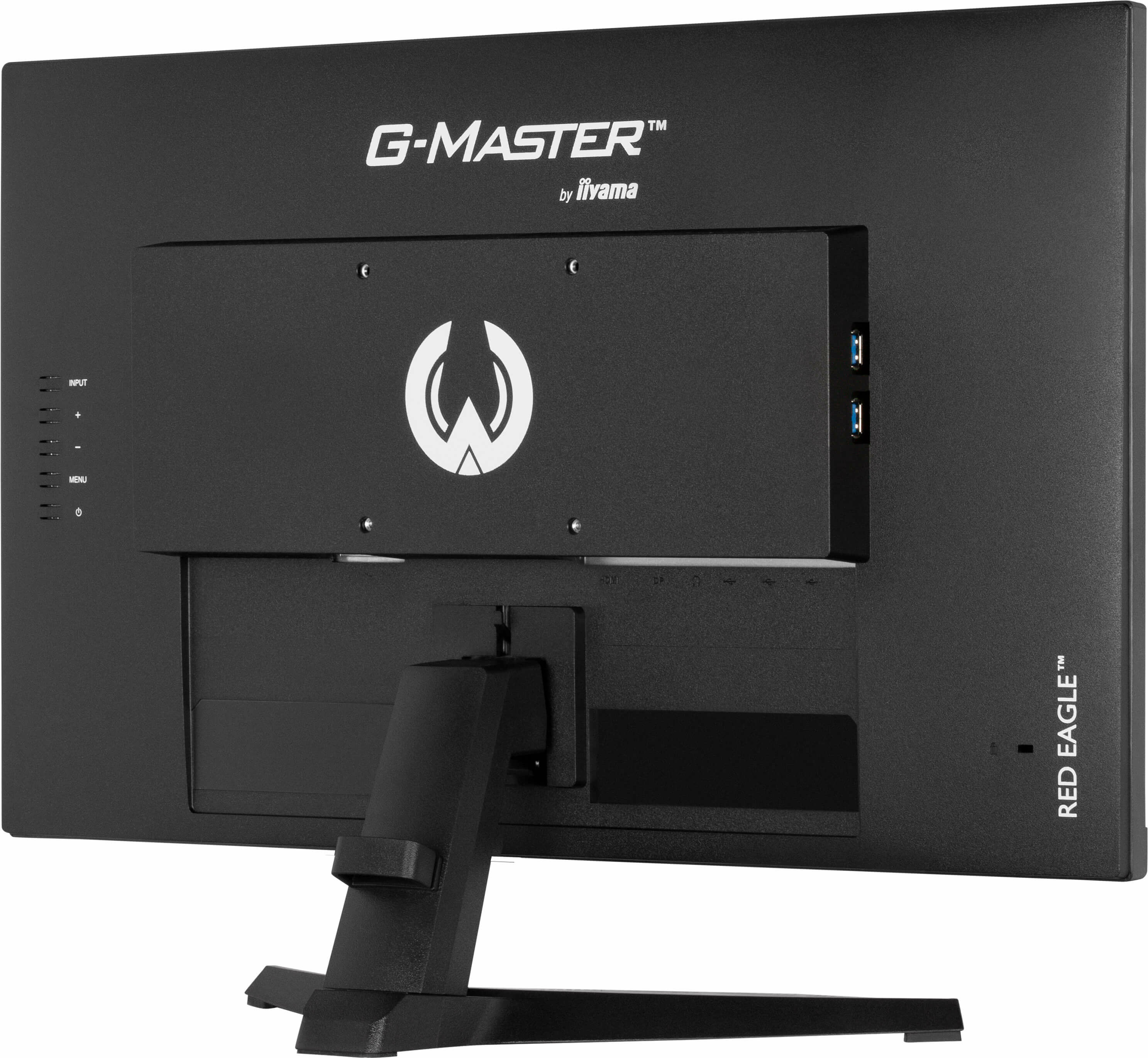 Tył czarnego monitora G-MASTER z logo, portami USB i podstawą.