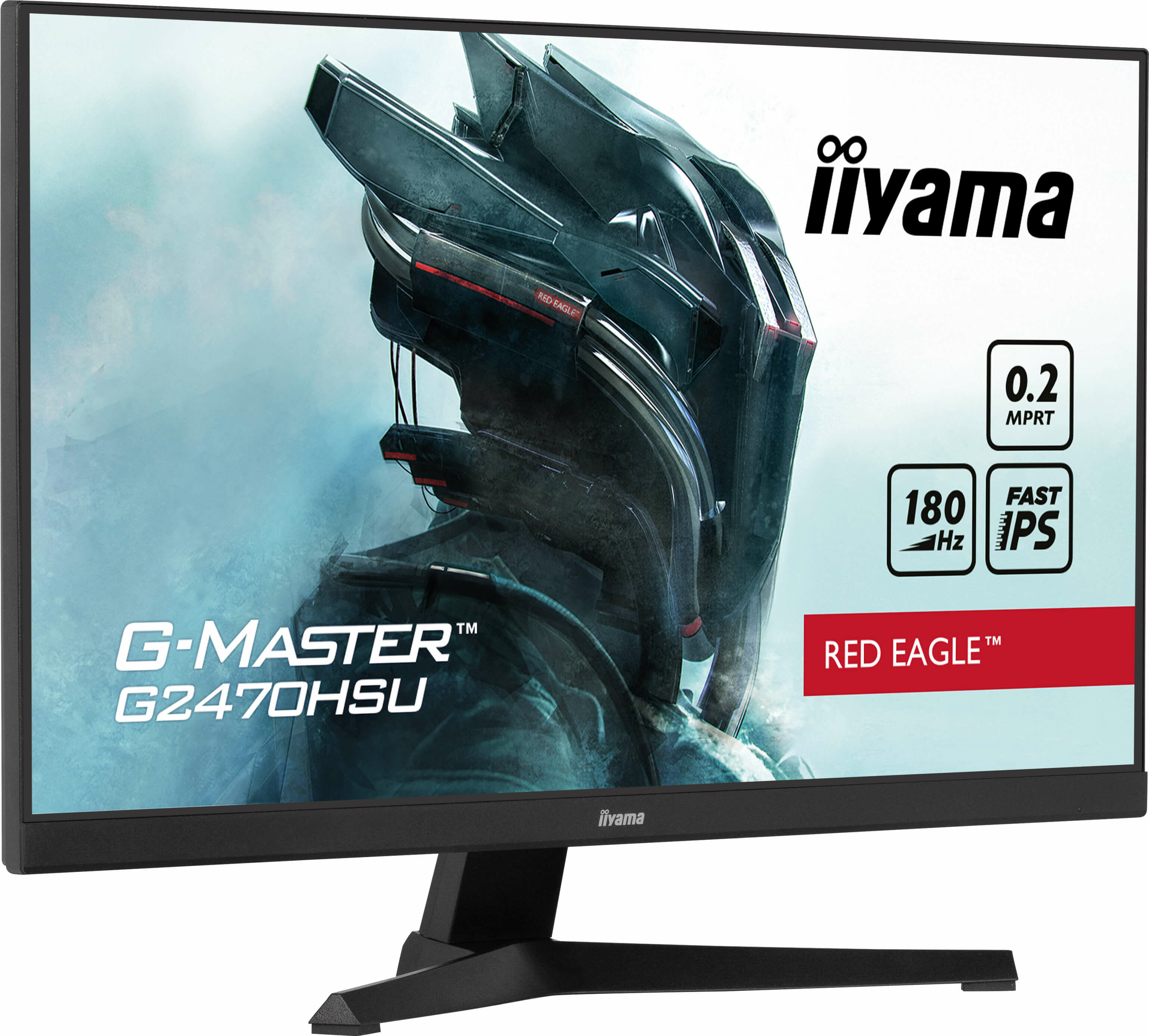 Czarny monitor Iiyama z sceną z gry na ekranie i tekstem: G-MASTER, RED EAGLE oraz specyfikacjami.