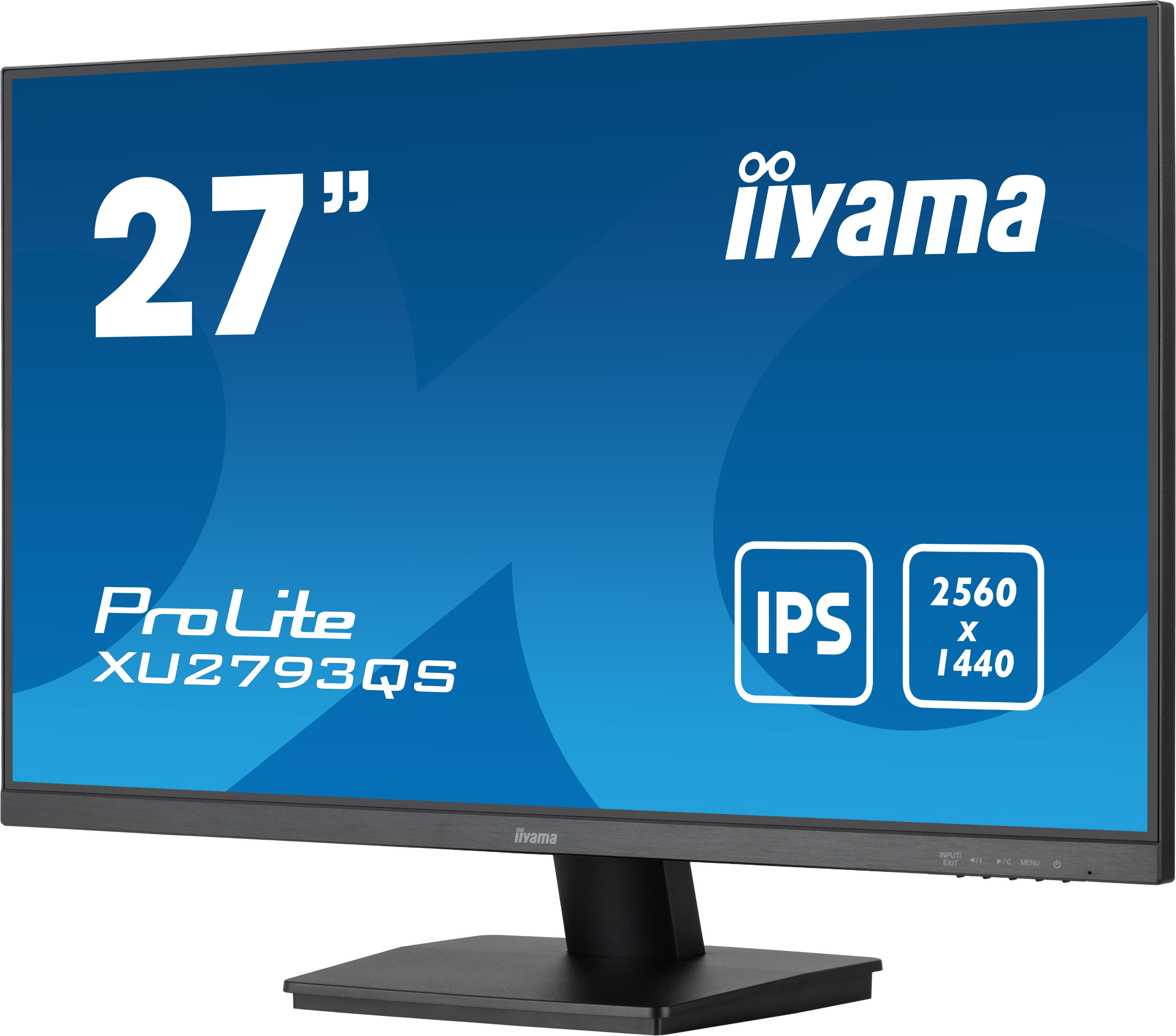 Monitor negro con pantalla gráfica, soporte negro y marca, sobre blanco.