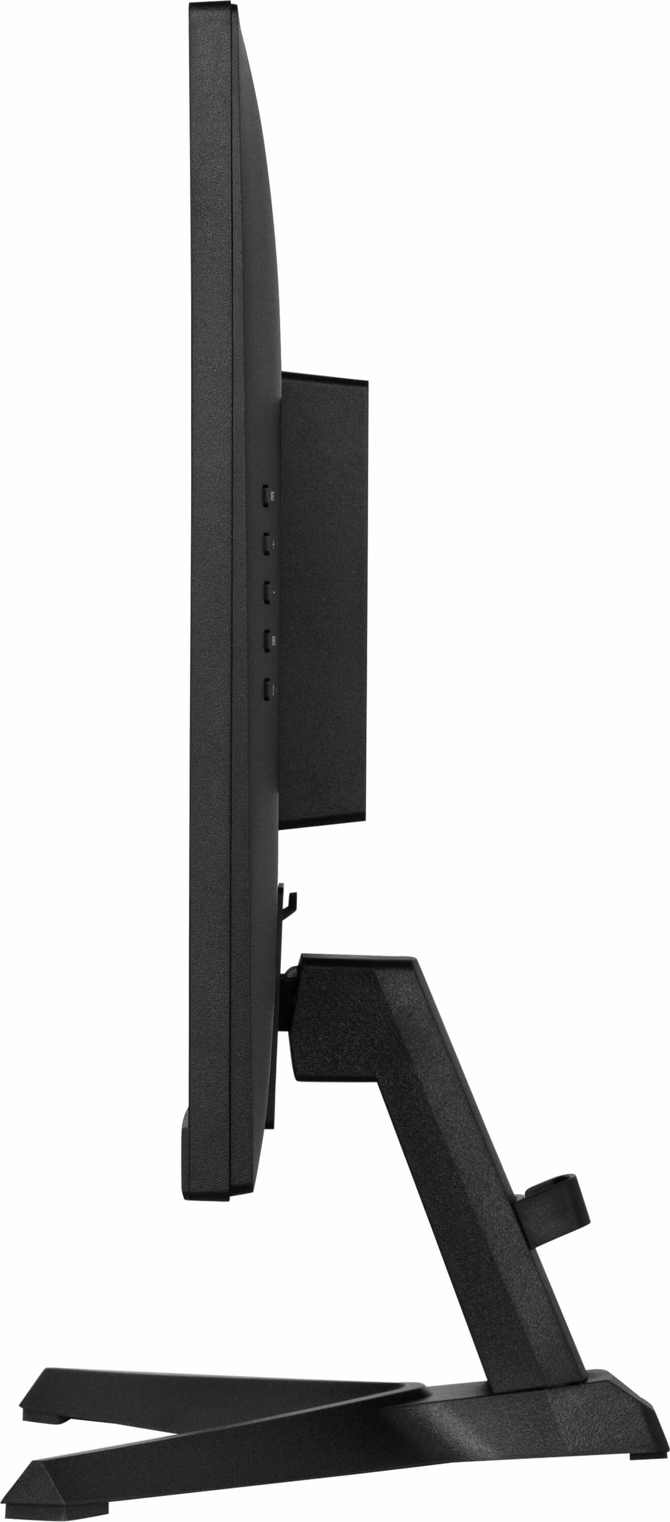 Czarny monitor komputerowy z boku, pokazujący stojak, przyciski i ekran.