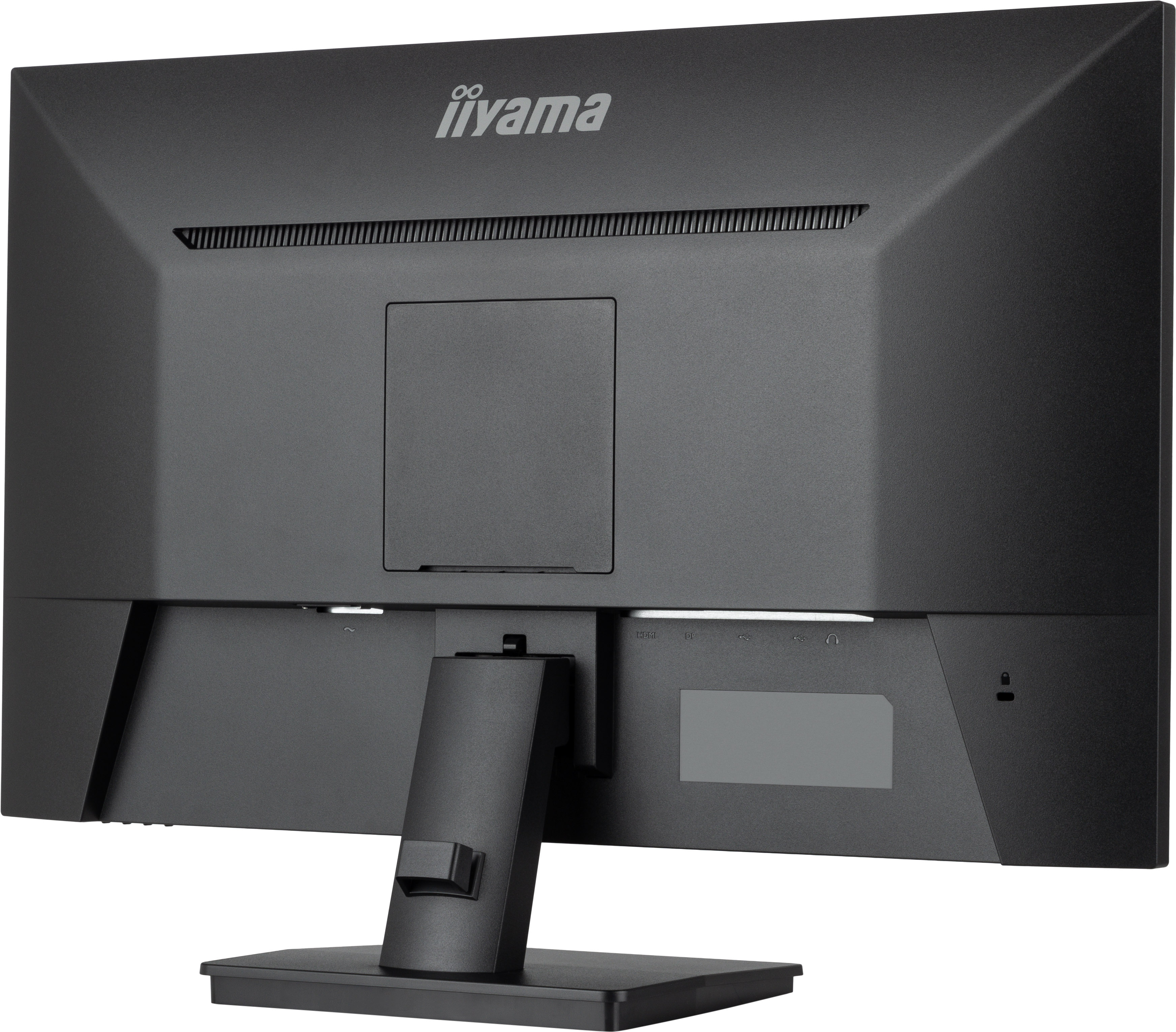 Parte trasera del monitor de computadora negro, que muestra los puertos y el soporte del soporte.