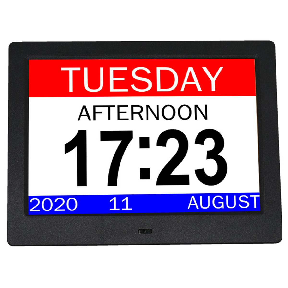 Kalendarz cyfrowy wyświetlający wtorek, popołudnie, 17:23, sierpień 2020.