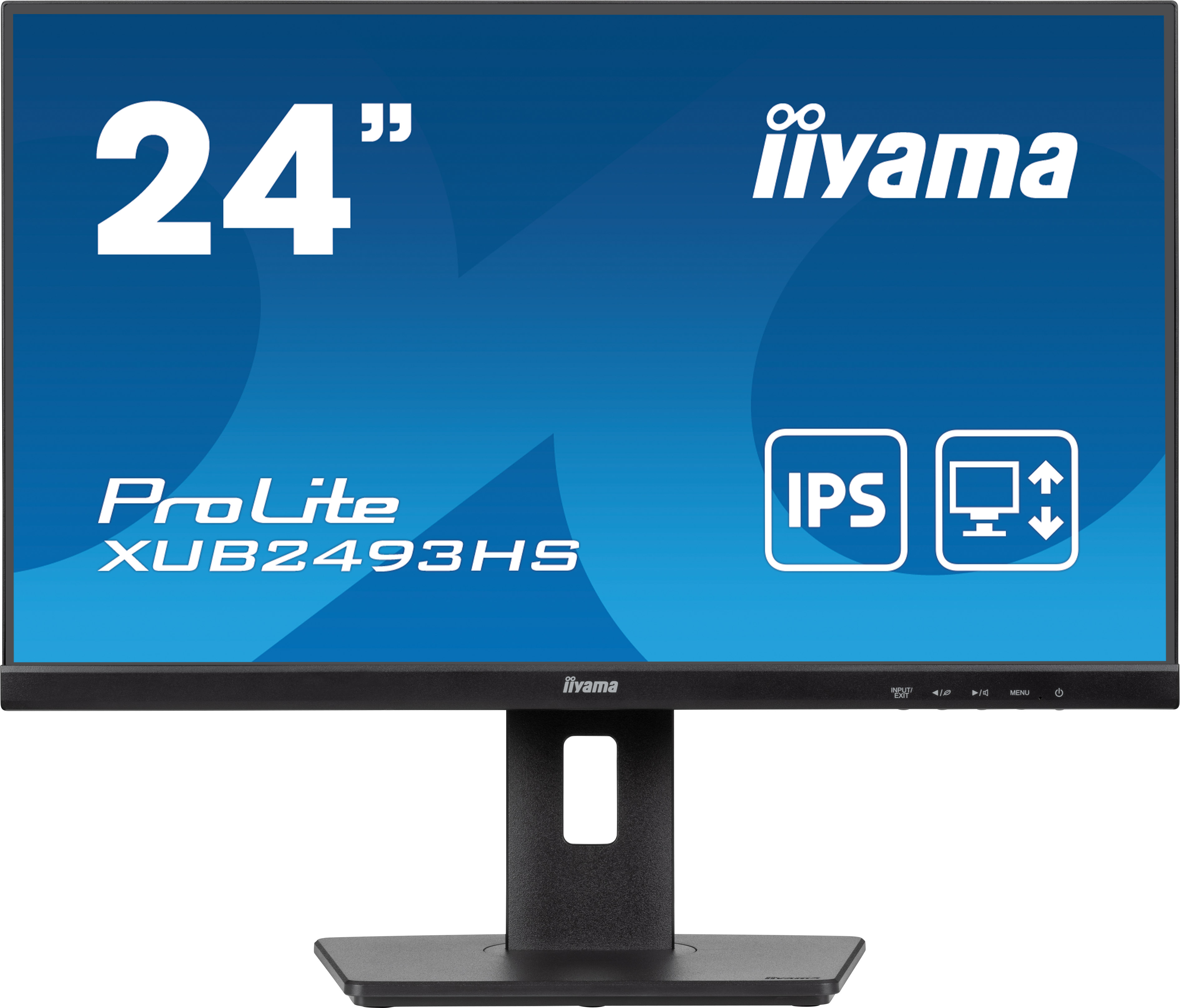 iiyama monitor, 24 inch, black. The screen shows blue. Text is on the screen.