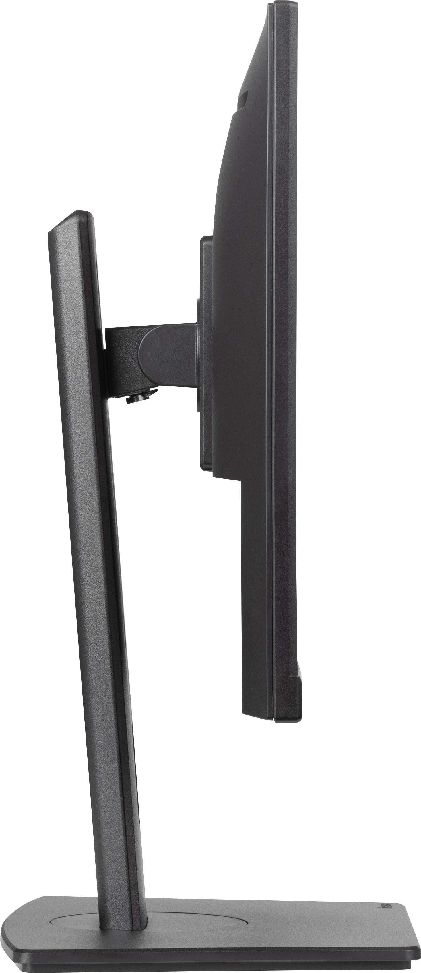 Monitor komputera, widok z boku, pokazujący podstawę, ramę i ekran.