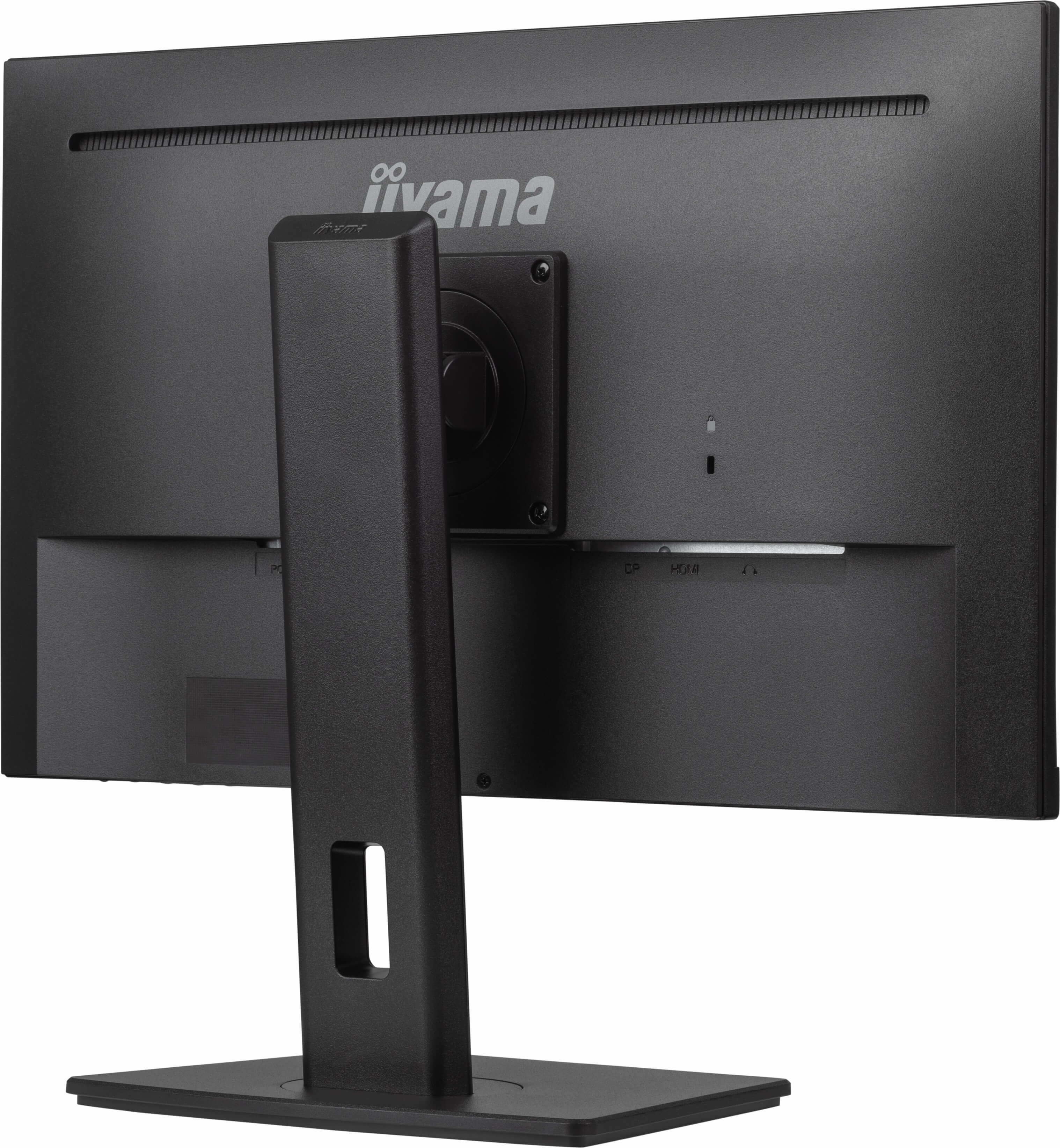 Back view of a black computer monitor with a stand. The brand name 'iiyama' is visible.