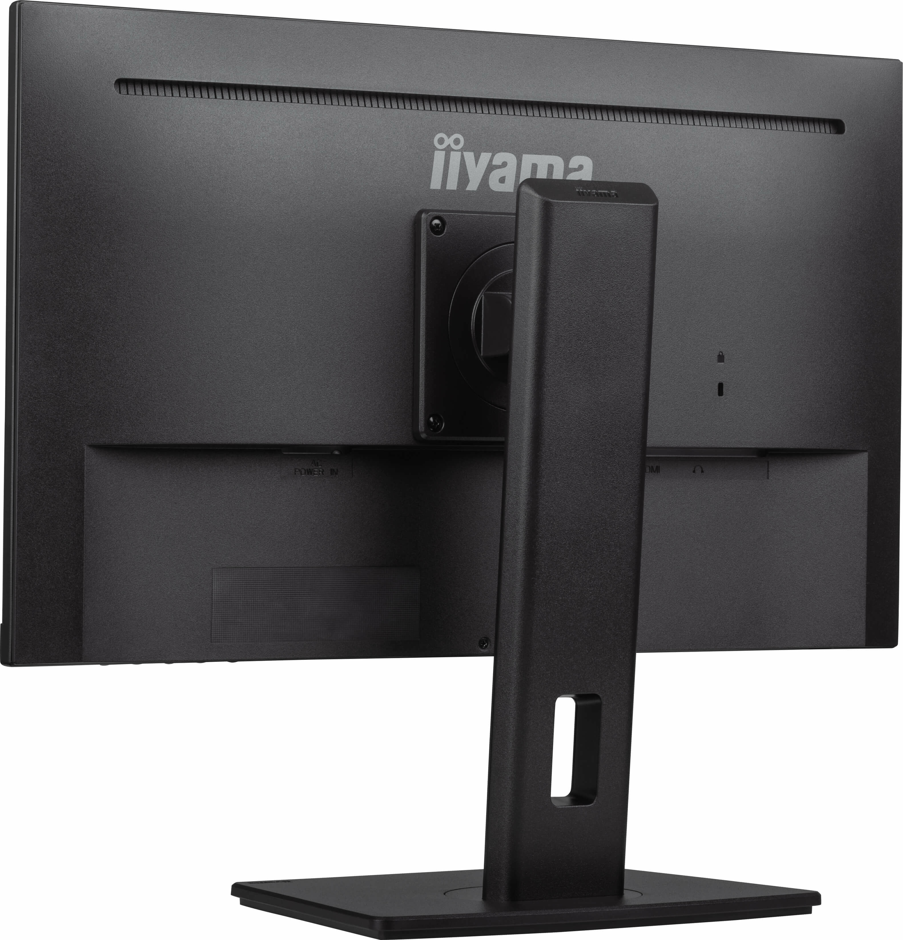 Black monitor back with stand, ports and brand logo, against a white background.