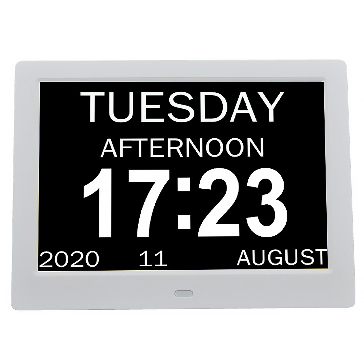 Kalendarz cyfrowy wyświetla wtorek po południu, 17:23, 11 sierpnia 2020, białymi literami na czarnym tle.