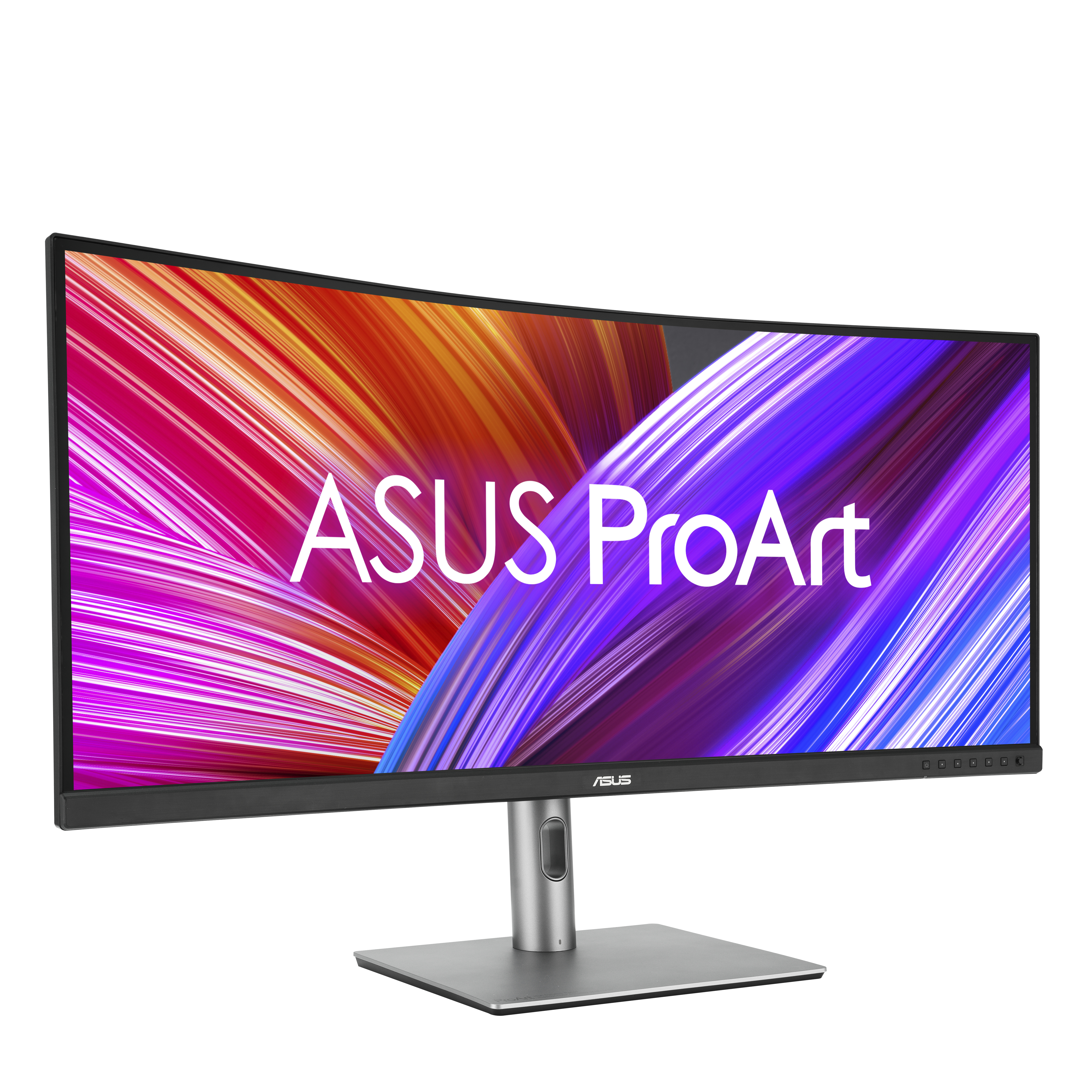 Zakrzywiony monitor ASUS ProArt ze srebrną podstawą i widoczną nazwą produktu.