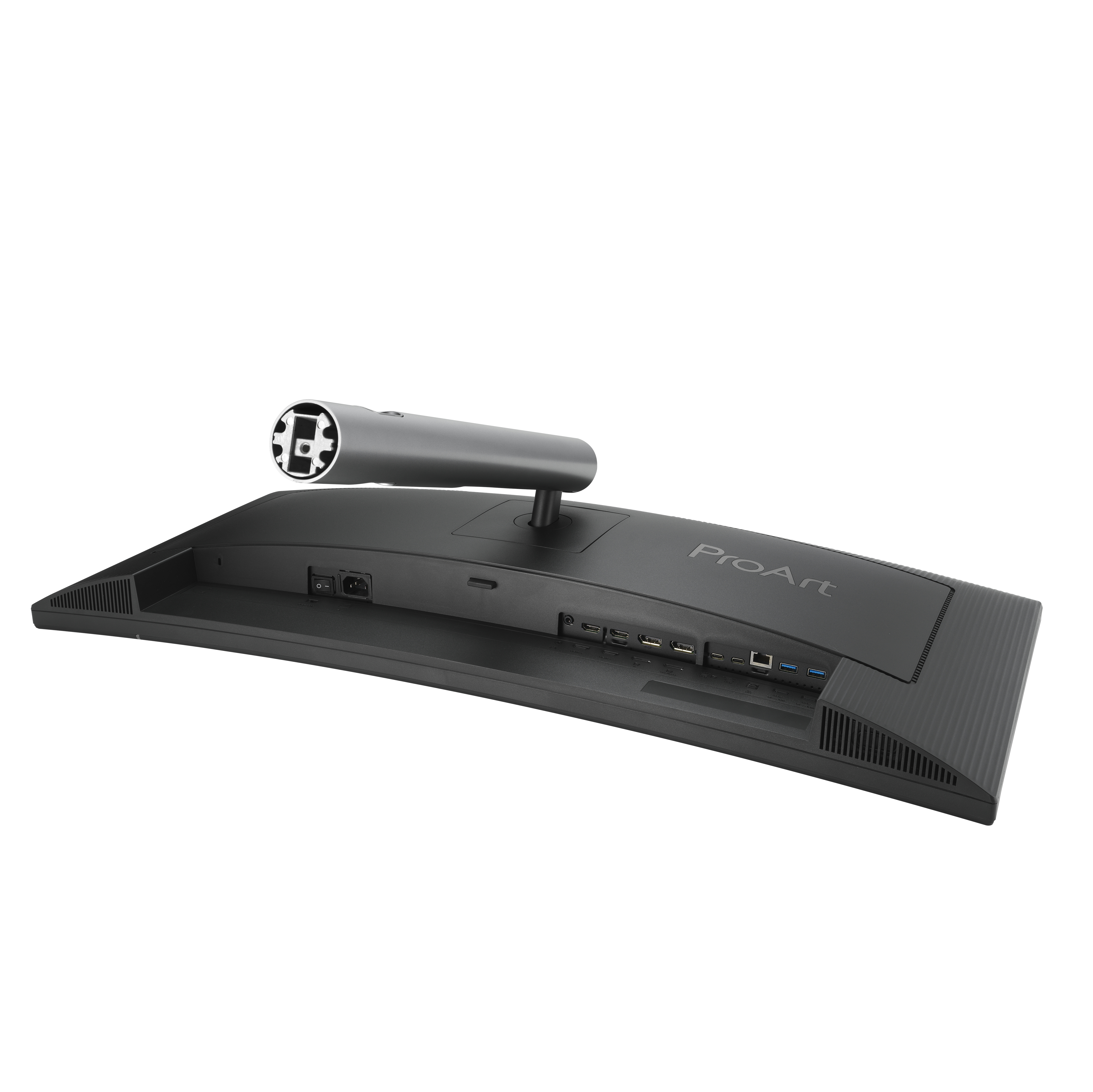 Widok z tyłu czarnego monitora ProArt. Tył posiada porty i mocowanie kamery.