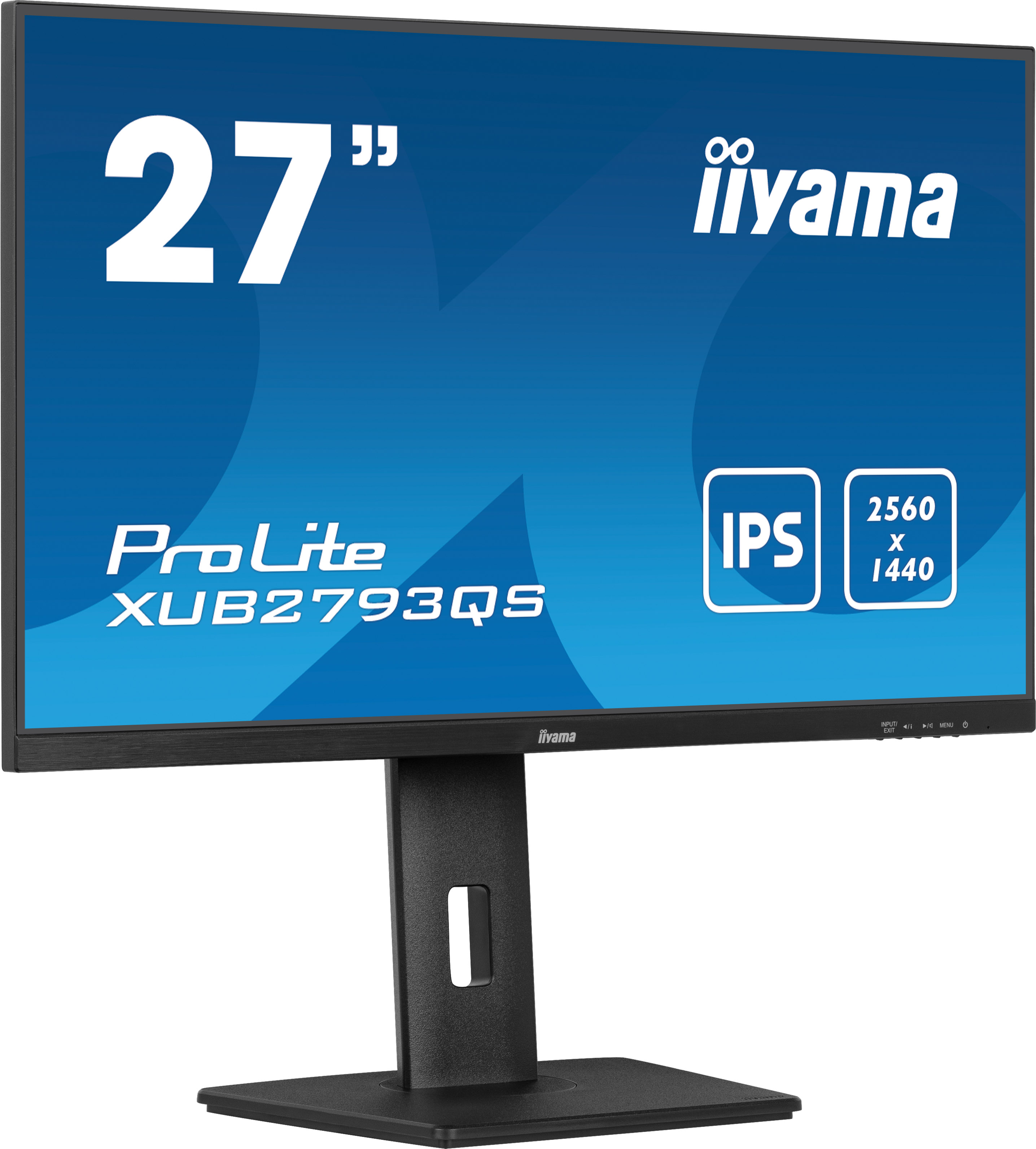 Un monitor de 27 pulgadas con pantalla azul mostrando texto, sobre soporte y base negros.