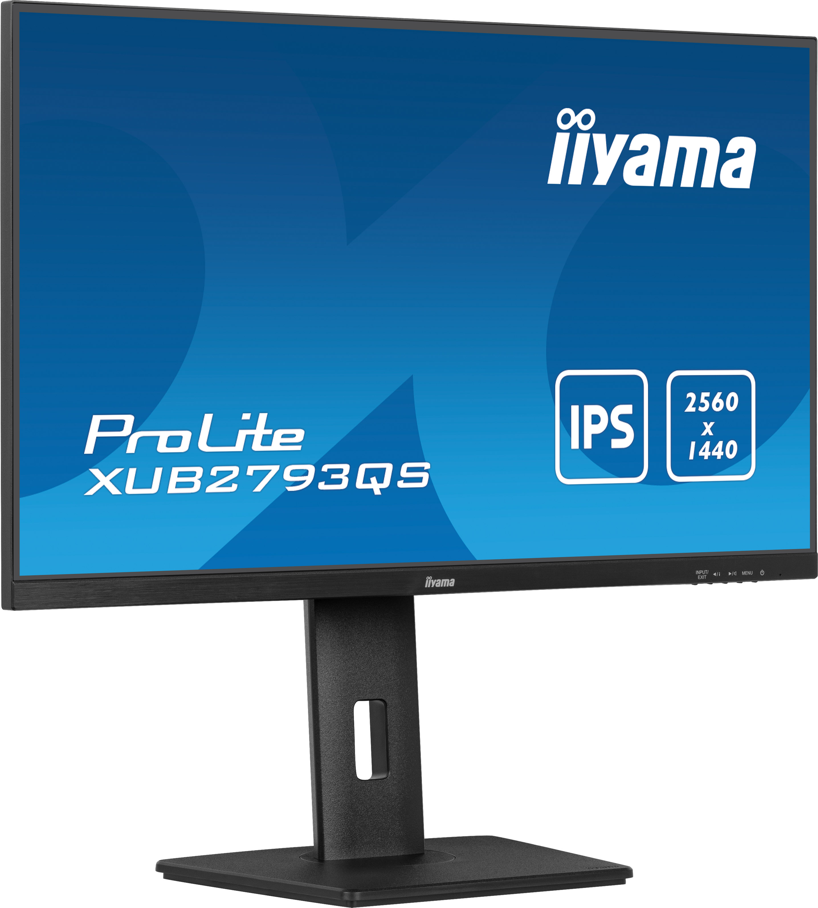 Monitor de computadora negro con texto y logotipo.