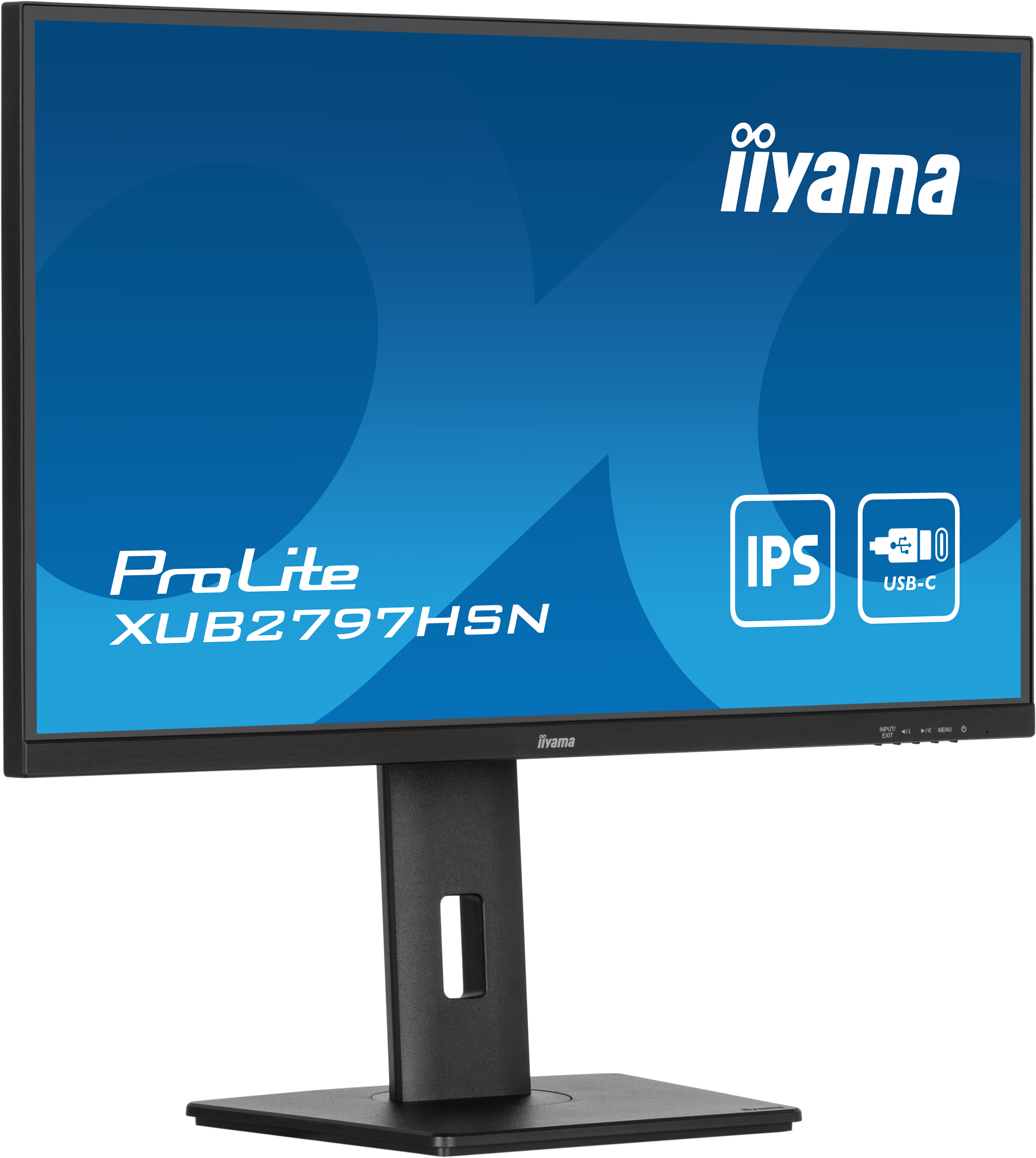 Moniteur Iiyama ProLite. Cadre noir, fond bleu. Affiche le nom de la marque et les fonctionnalités.