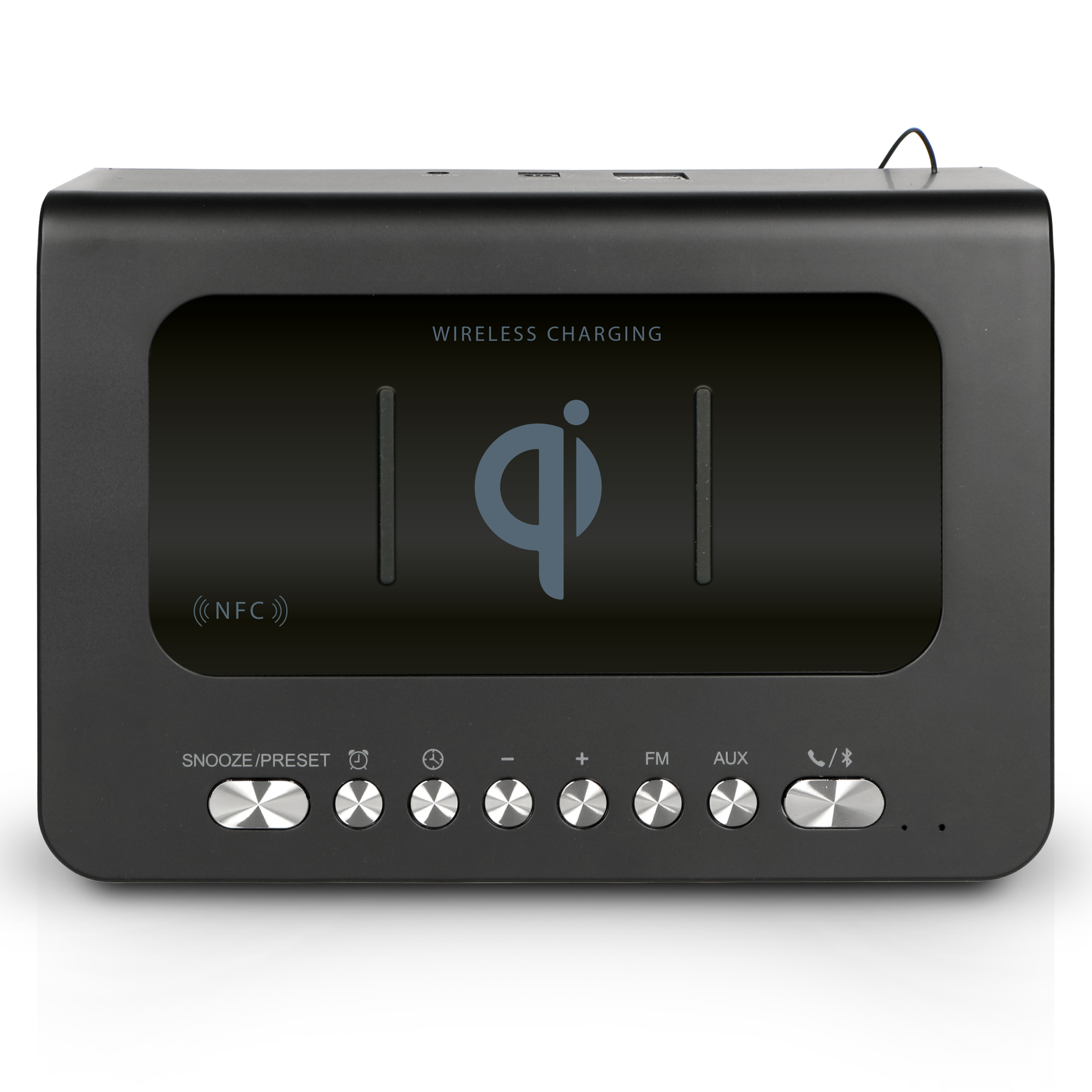 Black wireless charging speaker with buttons. Text: WIRELESS CHARGING.
