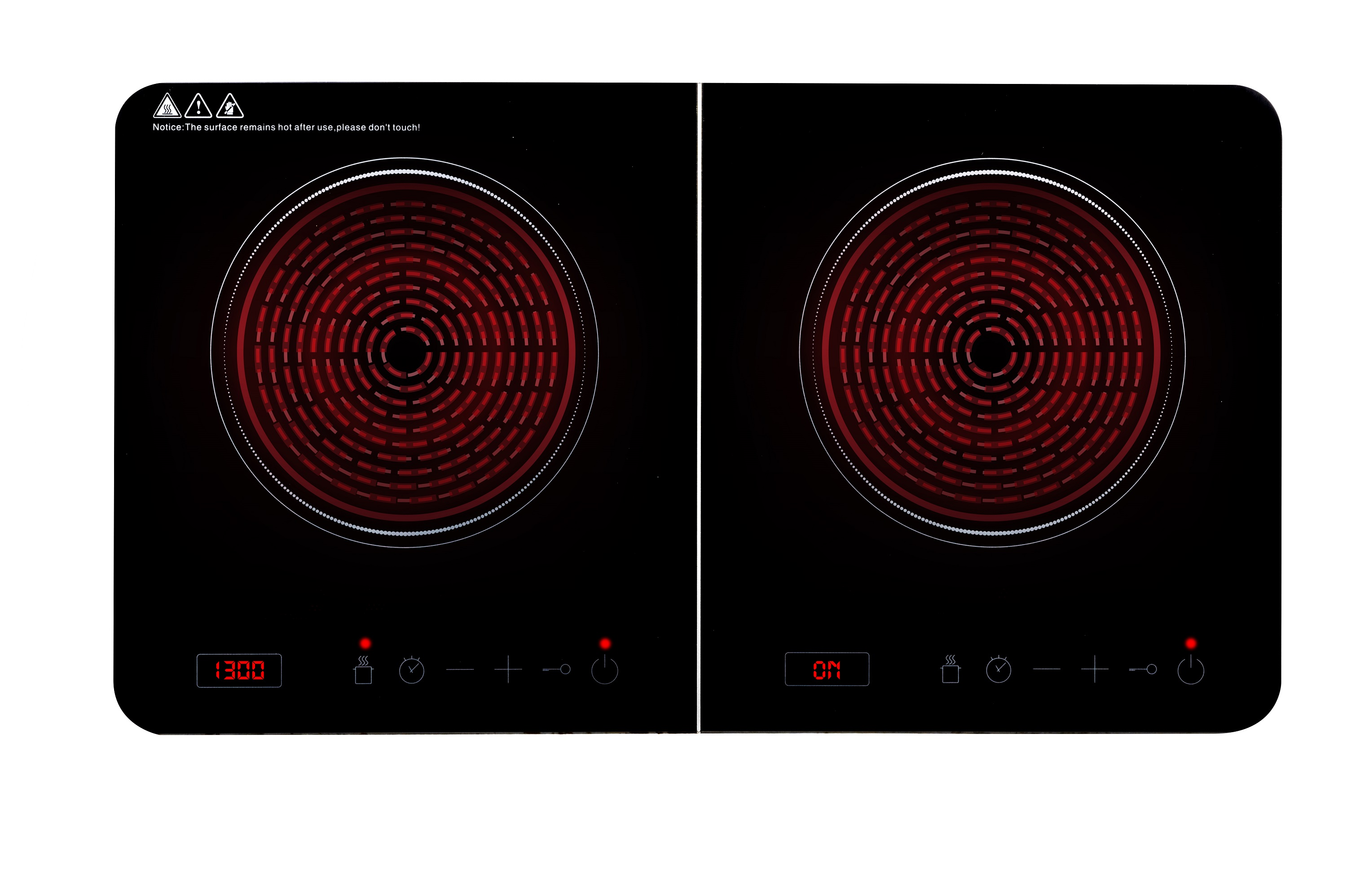 Black two-burner electric stove top, red heating elements. White background.
