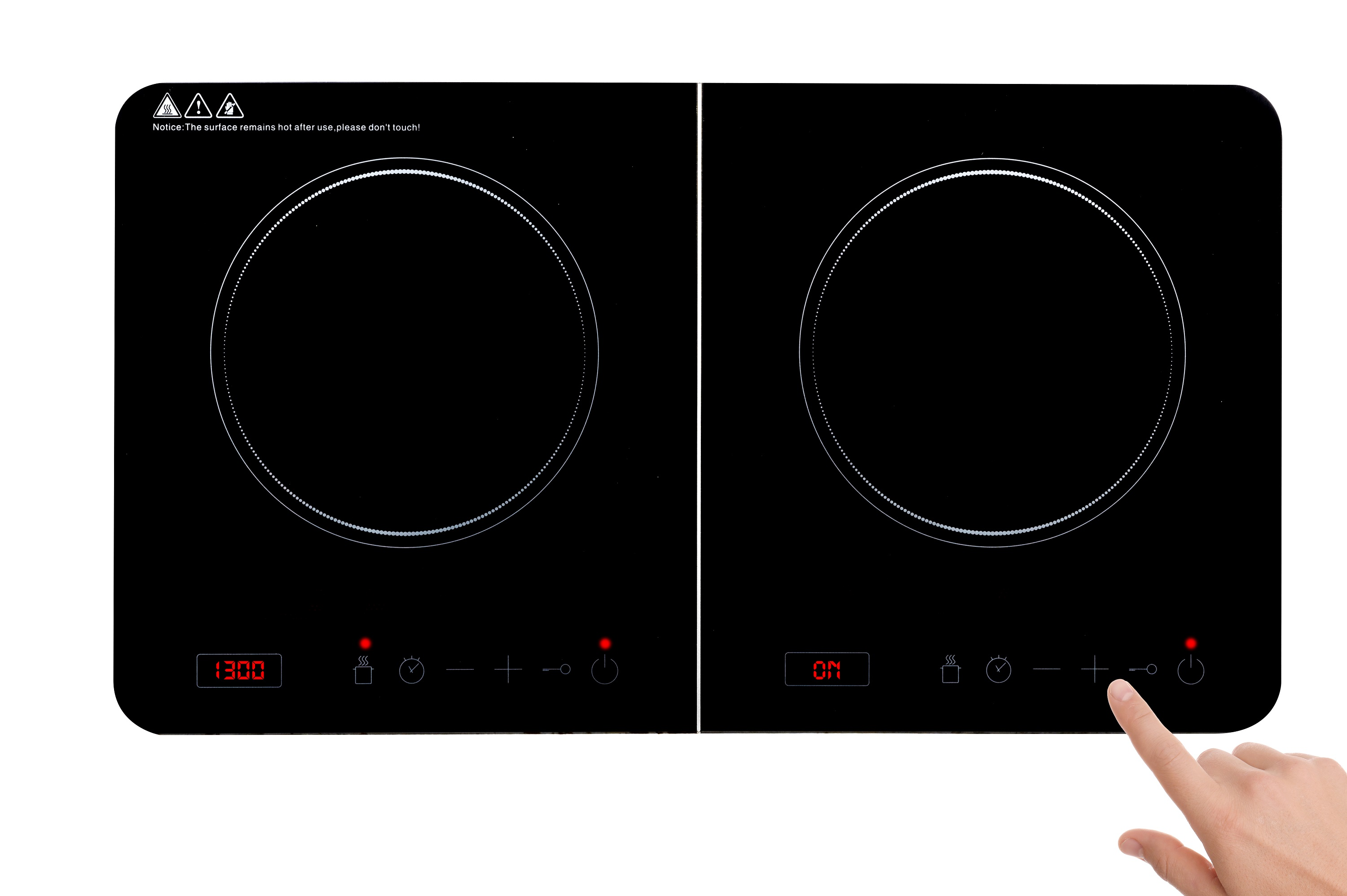 Black induction cooktop with two burners, a hand touching the plus button. White background.