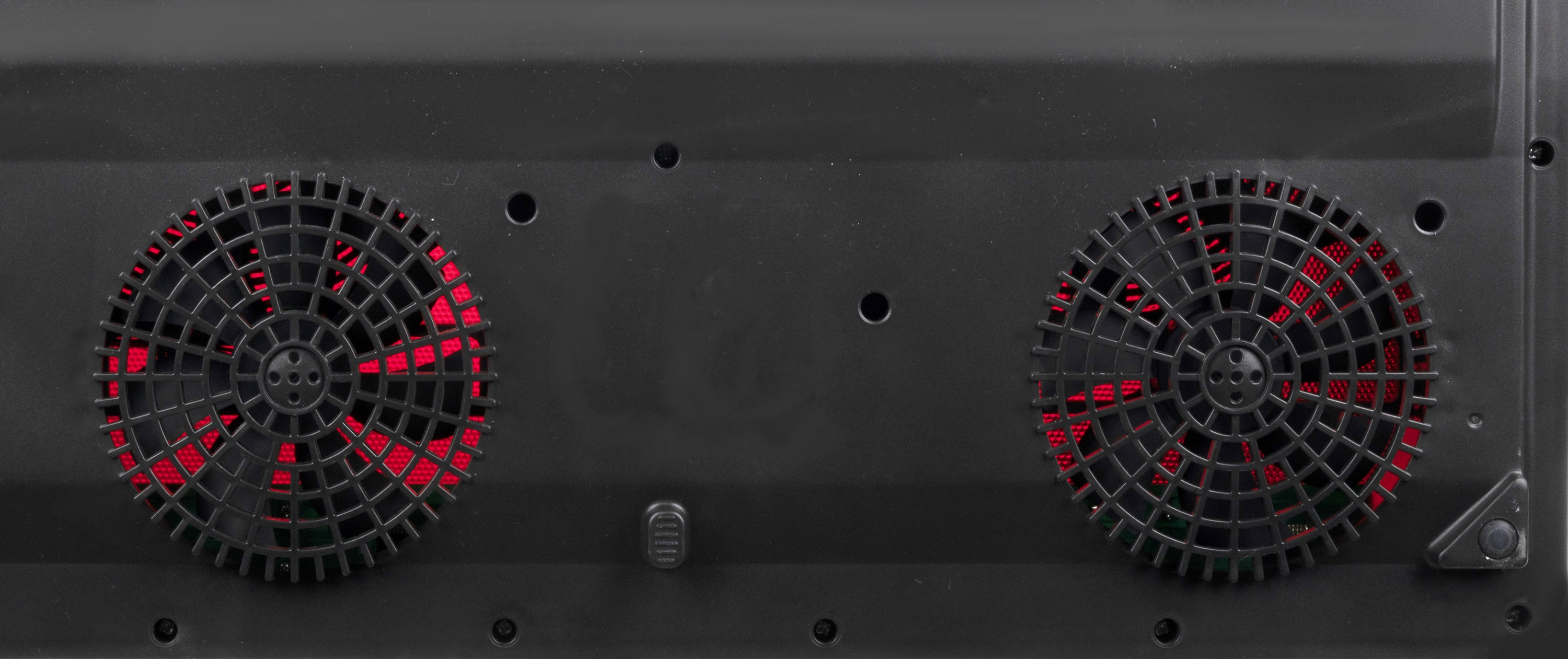 Black fan with two red illuminated circular vents.