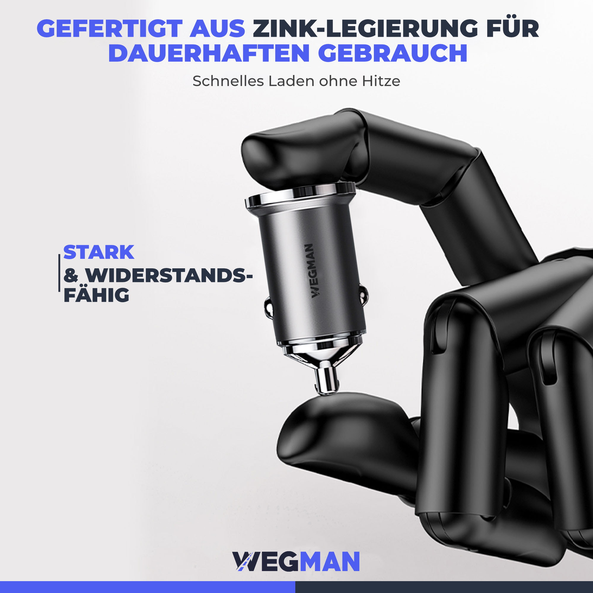 Silbernes Wegman Ladegerät mit schwarzer Hand. Text: 'Hergestellt aus Zinklegierung für dauerhaften Gebrauch'.