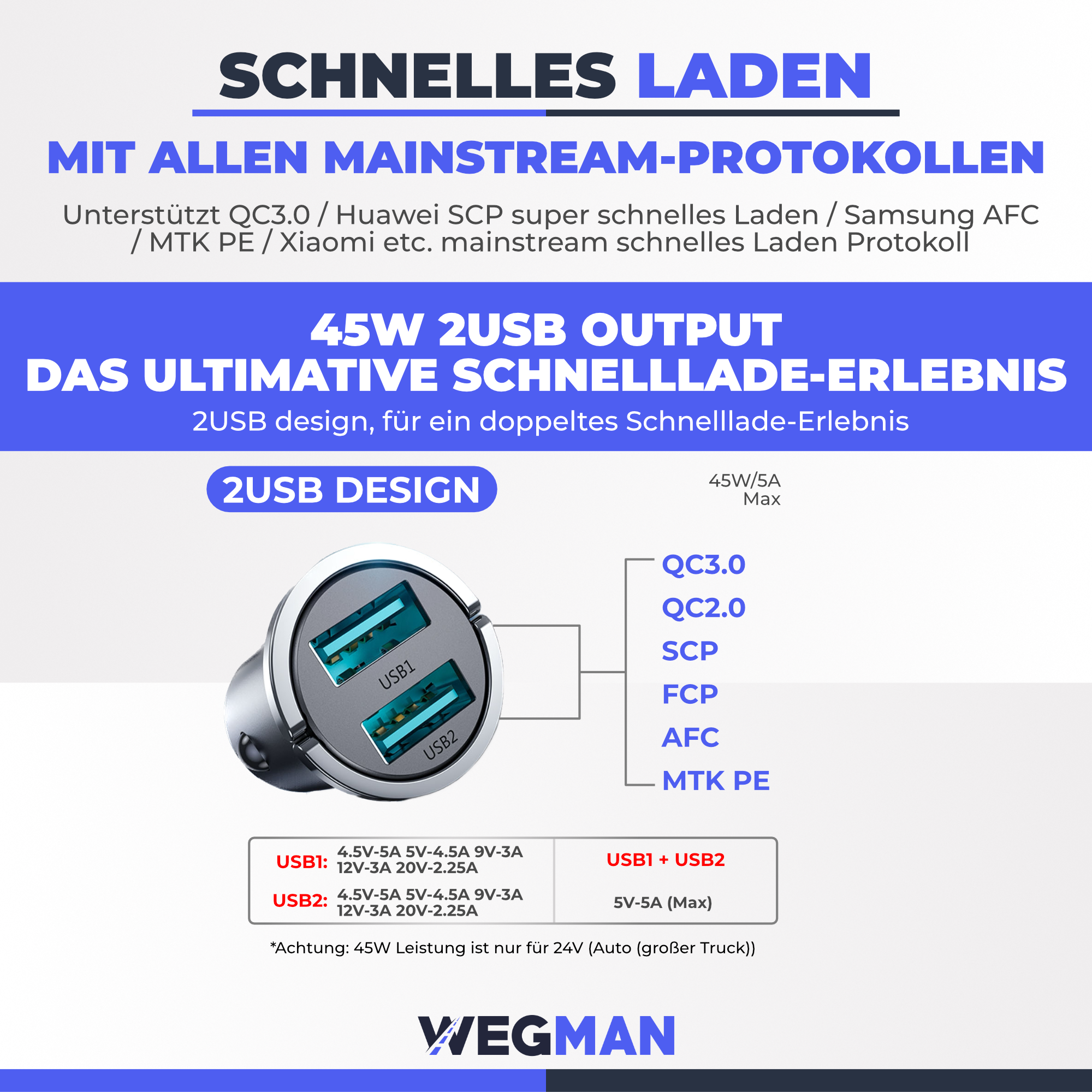 Ein weißes und silbernes Ladegerät. Text: 'Schnelles Laden' und USB-Details sind sichtbar. Weißer Hintergrund.